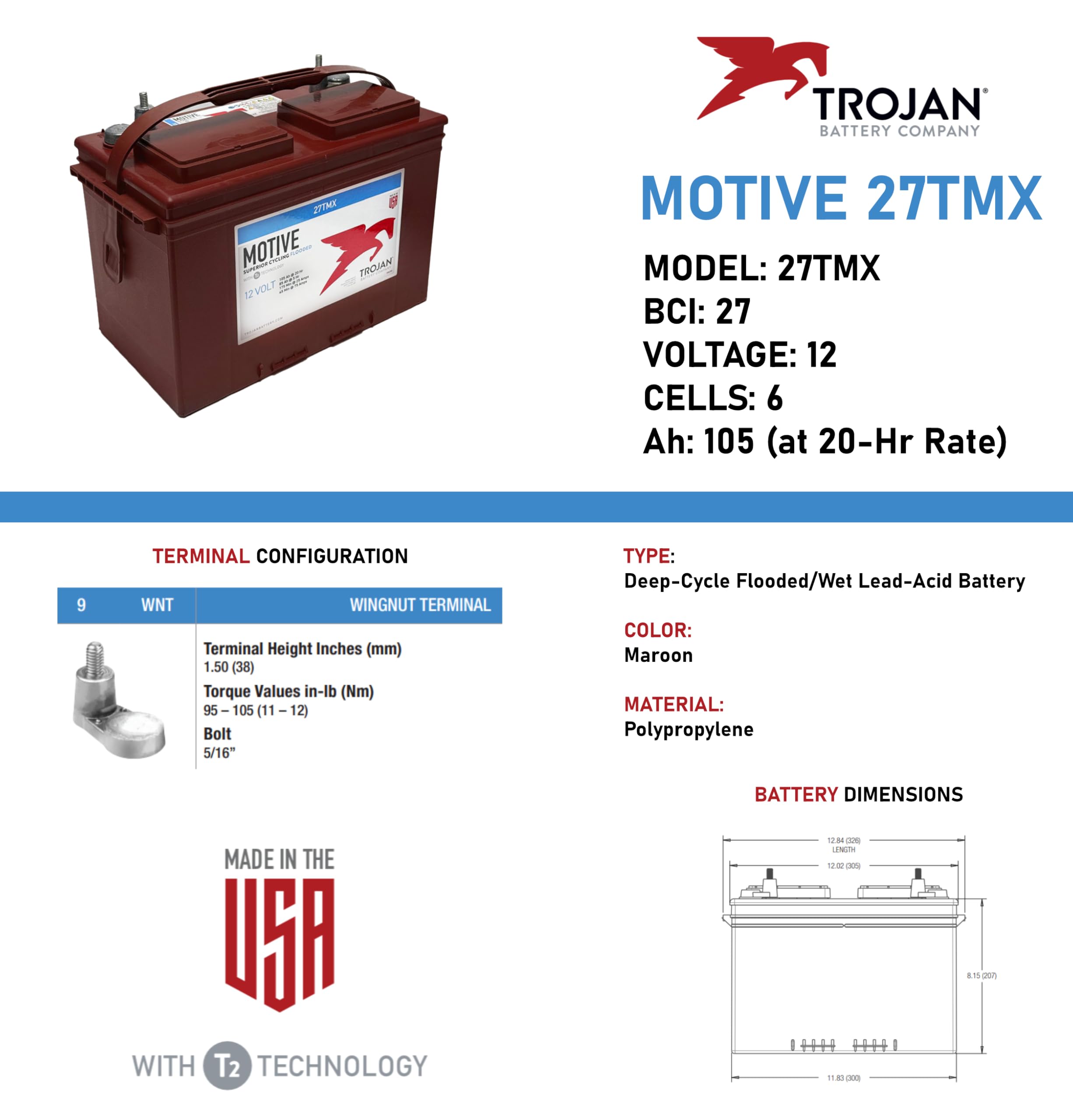 Amazon.com: Trojan 27TMX 12V Flooded Lead Acid Battery, 105 Ah