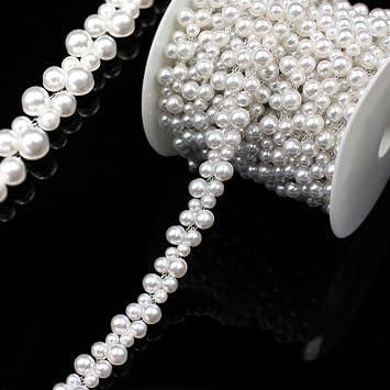 1 Yard Pearl Trim Chain String Silver Applique Fringe Ribbon Strips Beads Sewing Dress DIY Party Wedding Bouquet for Decoration Bridal Costume Embellishment