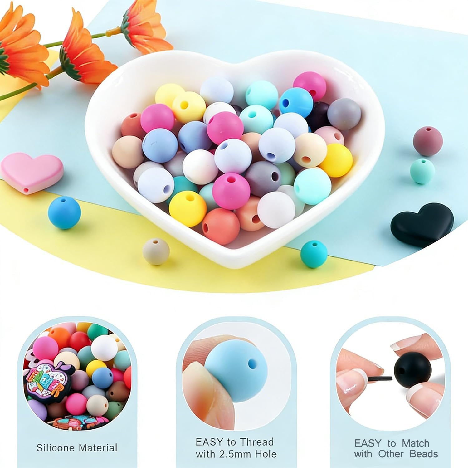 SOLIFEGLOBE 100pcs 15mm Colorful Silicone Beads for DIY Jewelry Necklaces, 20 Colors Round Silicone Beads for Keychain Making, BPA Free - Image 5