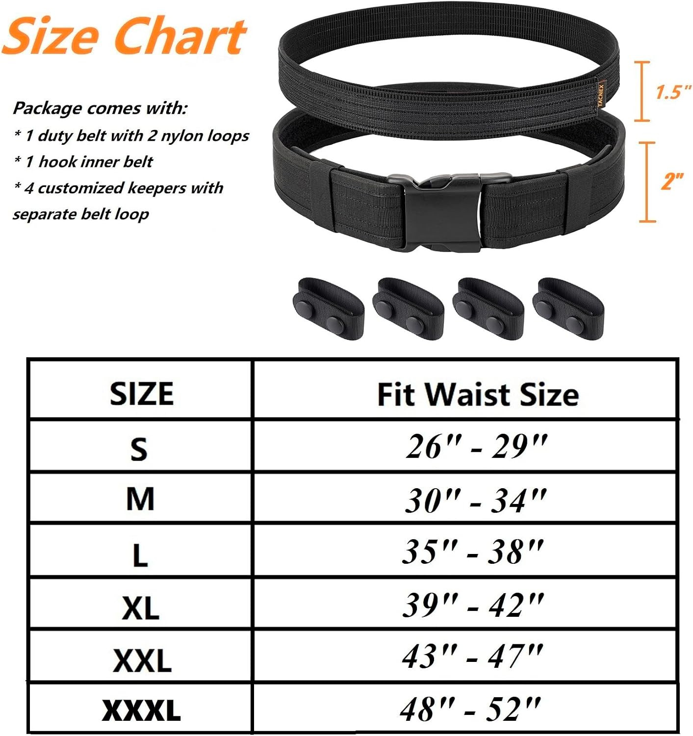 TACNEX Duty Belt 2" Nylon Utility Work Belt w/ 4 Keepers for Police Law Enforcement Corrections Security