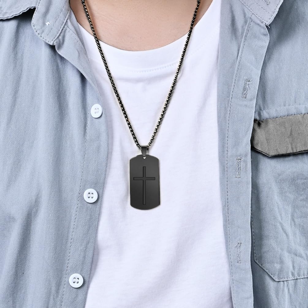 Cross Dog Tag Necklace for Men,Stainless Steel Black Silver Military Tag Bible Verse Inspirational Pendant Necklace Jewelry，60cm Rolo Chain