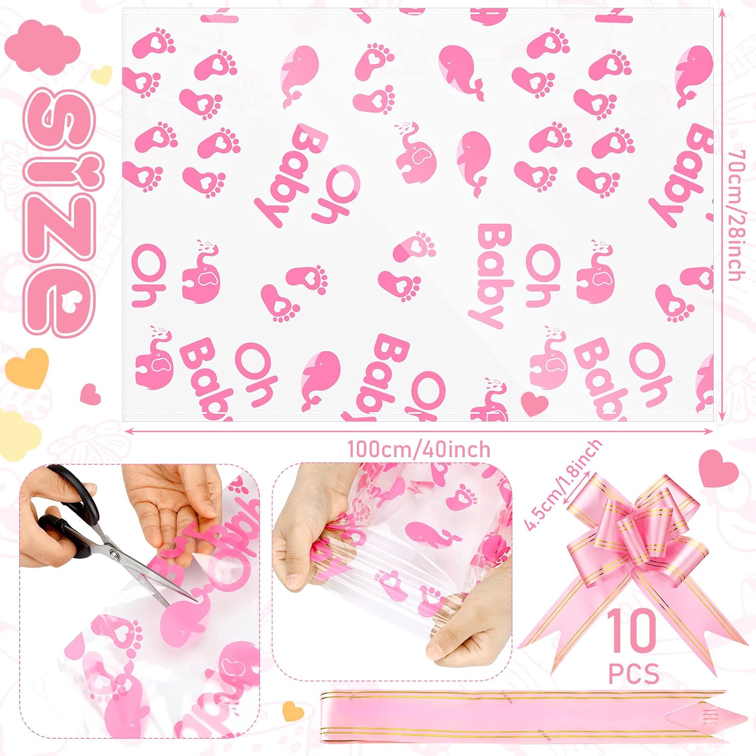 Outus 12 Pcs Extra Large Baby Shower Basket Bags with 10 Bows Ribbon 28 x 40 Inch Large Cellophane Baskets Empty Bags Jumbo Cellophane Wrap for Gift, Presents, Baby Shower(Pink) image 2