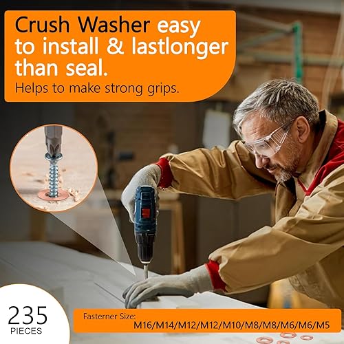 Miniatura 7 de Juego de 235 piezas de arandelas métricas de sellado de cobre aplastables, kit de surtido de anillo plano, sello de junta del tapón de drenaje de