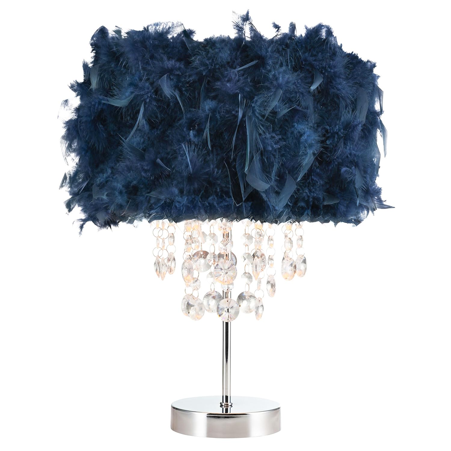 Happy Homewares Modern and Chic Real Midnight Blue Feather Chandelier Style Table Lamp with Waterfall Clear Acrylic Drops | Chrome Metal Base and Stem — image 1