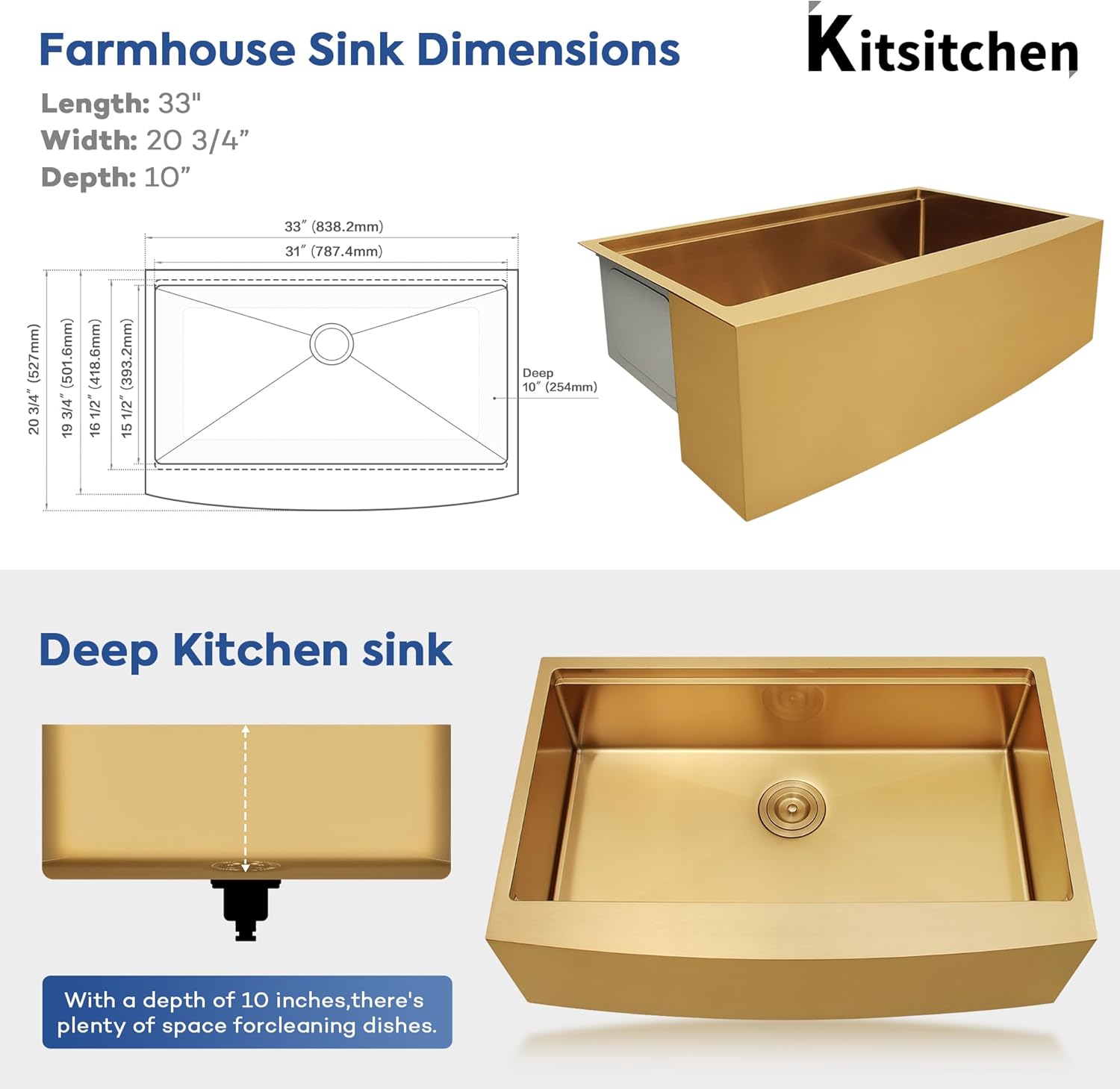 Kitsitchen 33 Inch Gold Farmhouse Sink,16 Gauge Single Bowl Workstation Stainless Steel Rustic Farmhouse Kitchen Sink,Large Apron Front Undermount Farm Kitchen Sinks with Accessories(33"x20"x10")