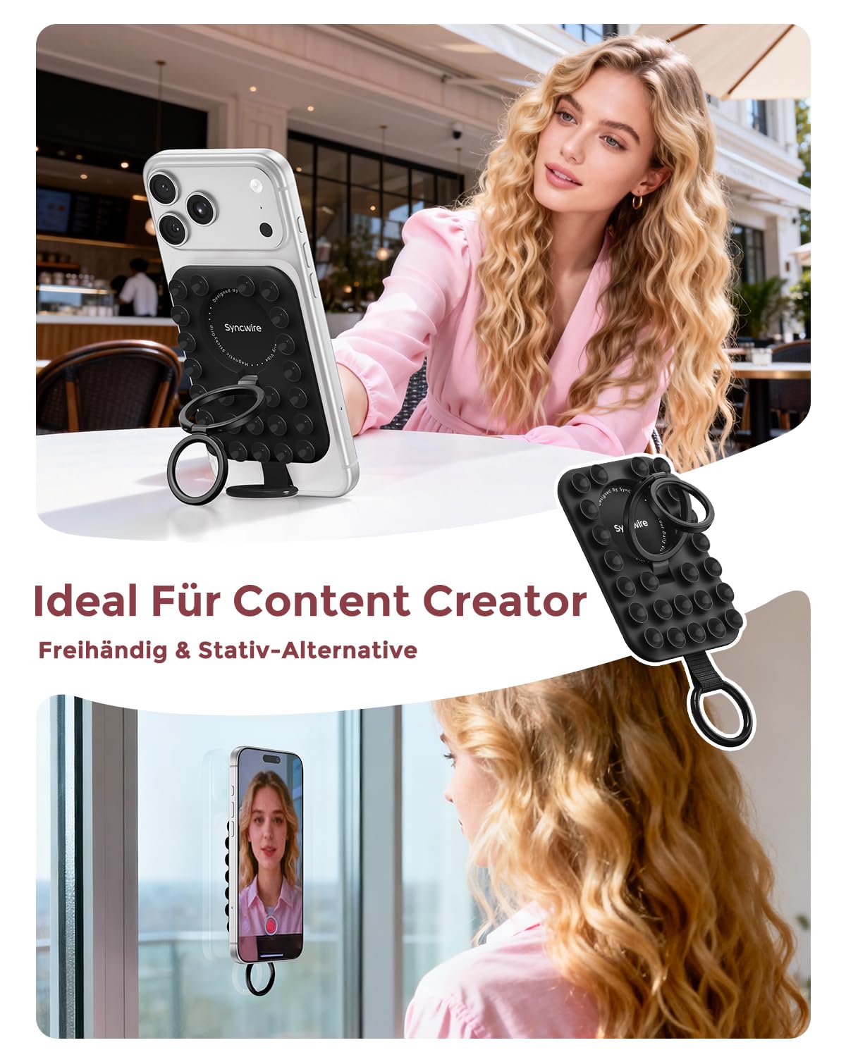 Syncwire Magnet Handy Saugnapf Halterung, Silikon Saugnapf Handyhalterung für MagSafe Kompatibel mit iPhone Smartphone Magnetische Handy-Ring-Ständer für Selfies und Videos, TikTok Creator, Schwarz