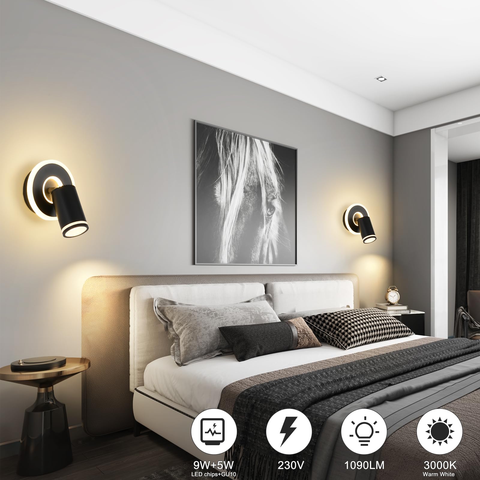 SANSHI Rotonda Faretti da Soffitto Orientabili Interno LED 1 Luce,Faretti da Parete con Inferiore 9W+5W,GU10 Lampadario Faretti,Moderna Plafoniera Faretti Bianco Caldo 3000K per Cameretta Barra,Nero