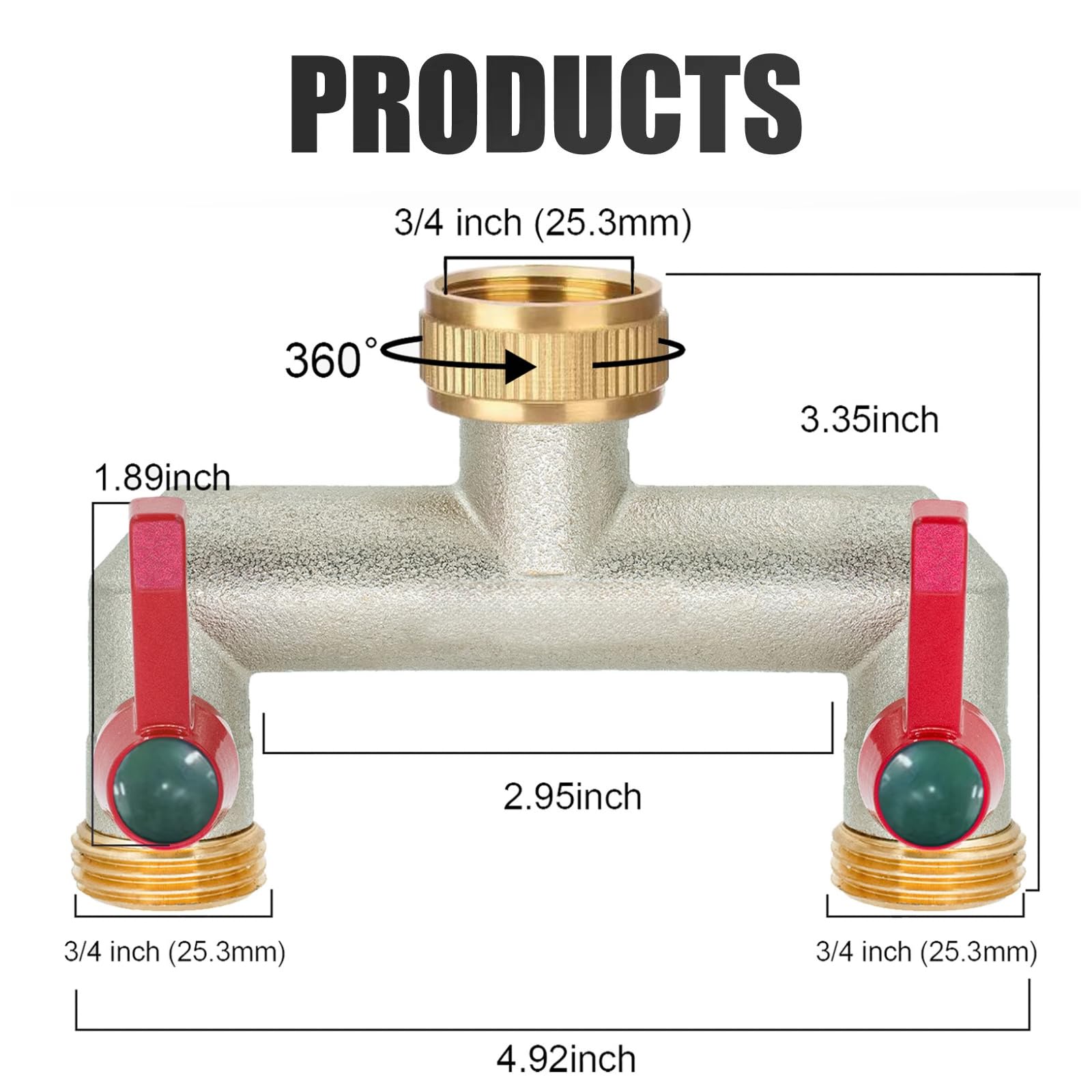 Distributore d'acqua a 2 vie per il collegamento simultaneo di due dispositivi, distributore a 2 vie 3/4" in ottone nichelato con valvole a sfera, regolatore del flusso d'acqua e bloccabile, 1 pezzo
