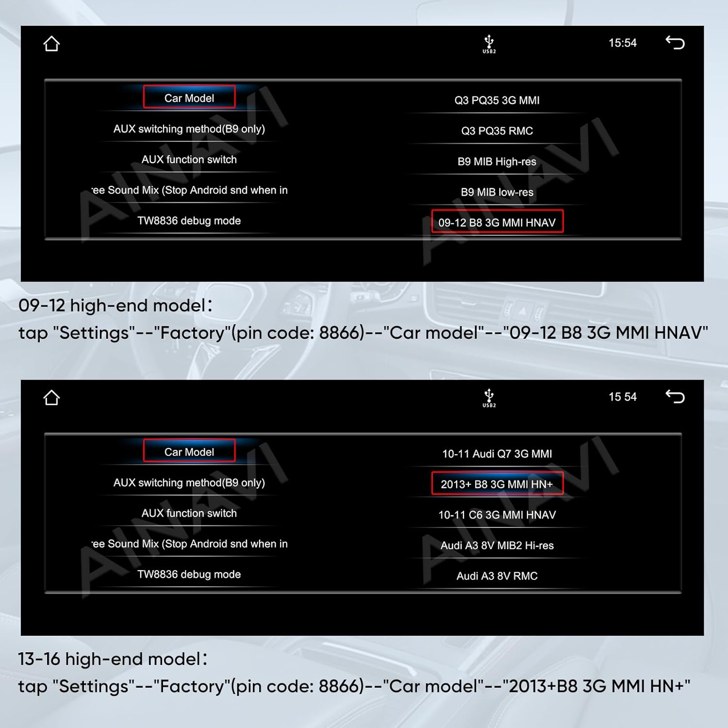 Image showing the settings menu for adjusting screen resolution to fix blurry or abnormal display issues, specifically for Audi Q5 High Configuration (800x480).