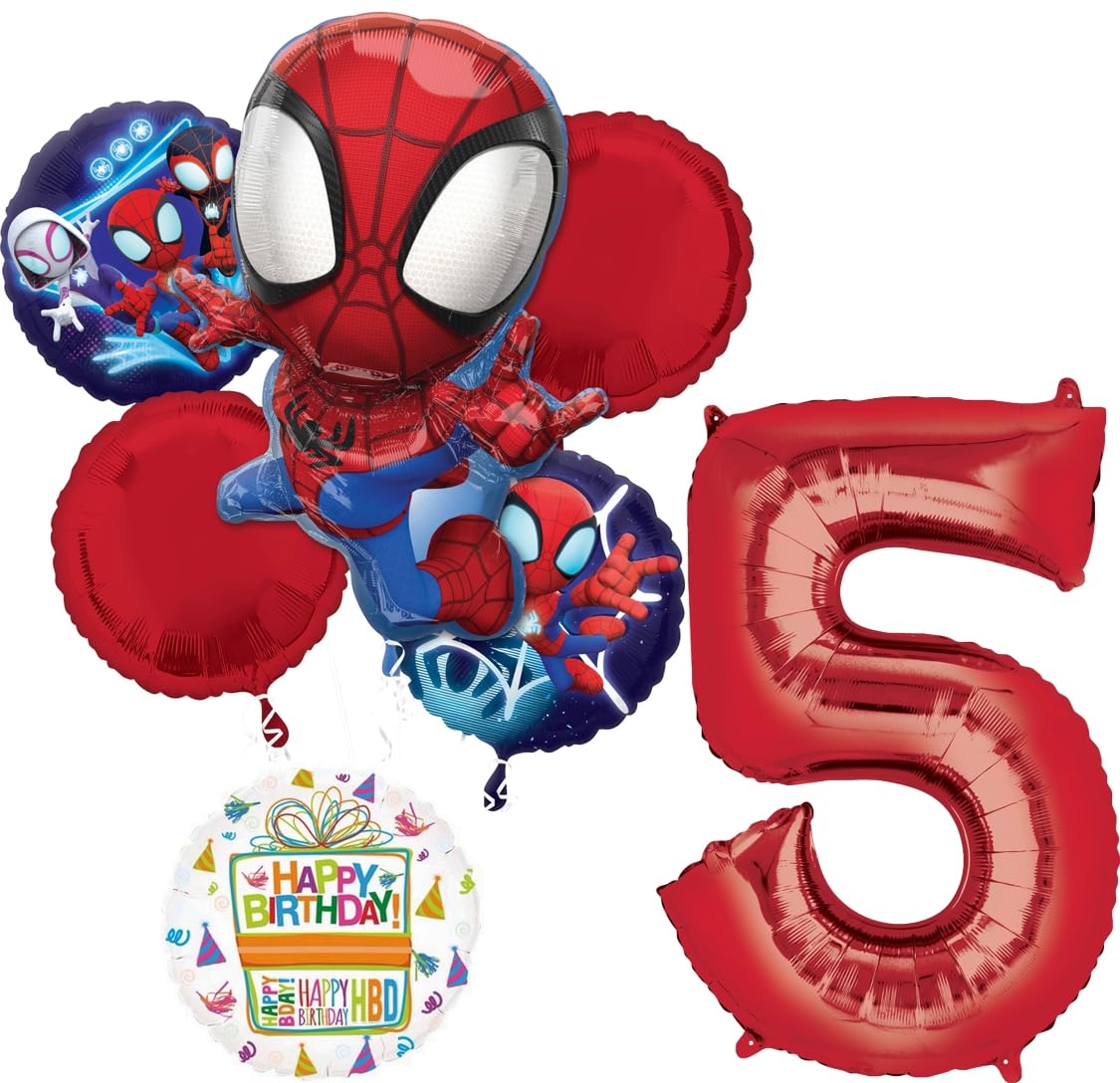 Spidey and Friends 5th Birthday Party Supplies 7pc Foil Balloon Bouquet Decorations