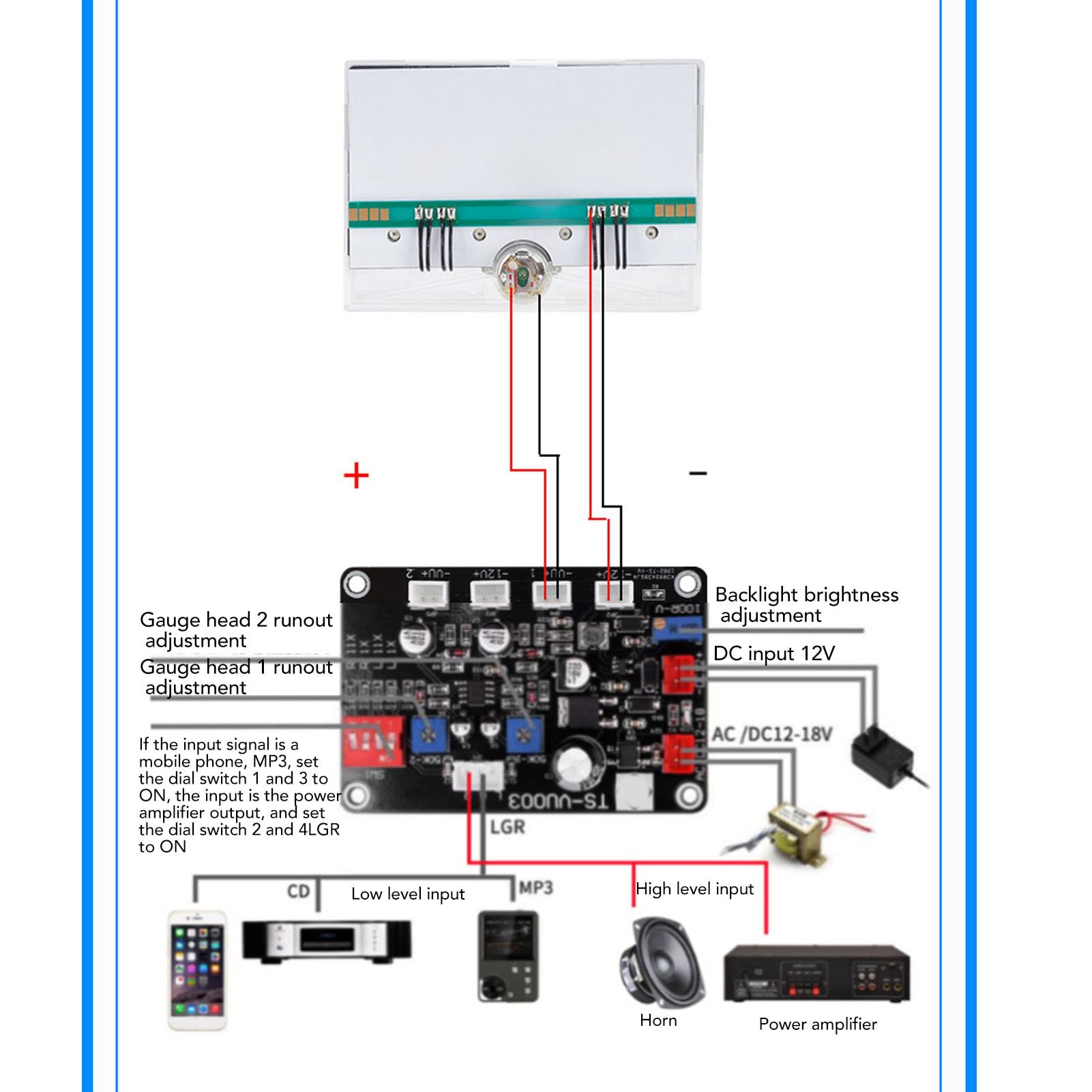 VU Meter Power Amplifier Level Meter Board with Accurate Measurement Backlit Premium ABS for Studio DIY Recorder