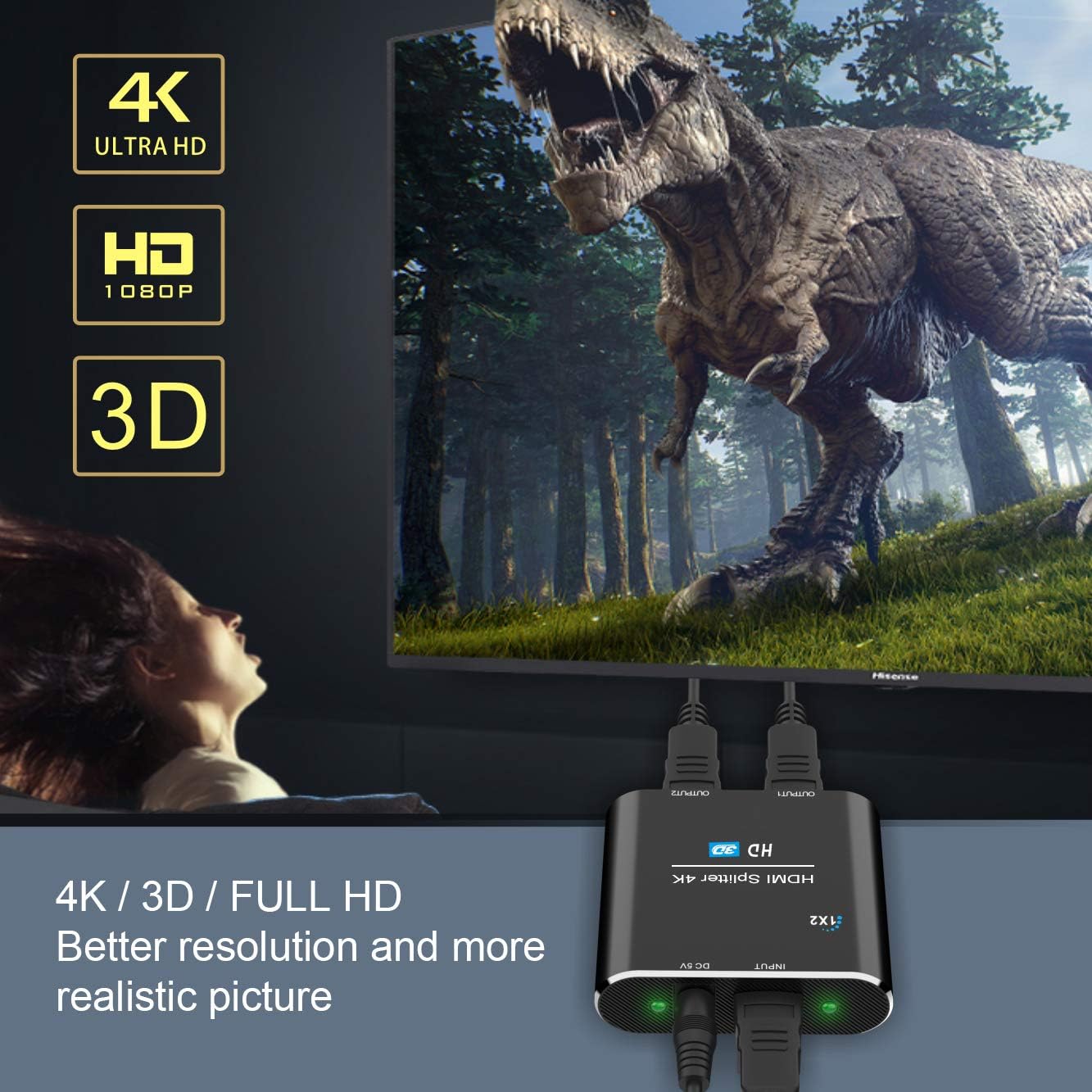 HDMI Splitter 4K,ABLEWE Aluminum 2 Way HDMI Splitter 1 in 2 Out,HDMI Switch with 1.4 HDCP,Support 4K 3D 1080P Dual Monitors for Xbox, PS4, PS3, Roku,Blu-Ray-Player, Firestick, HDTV
