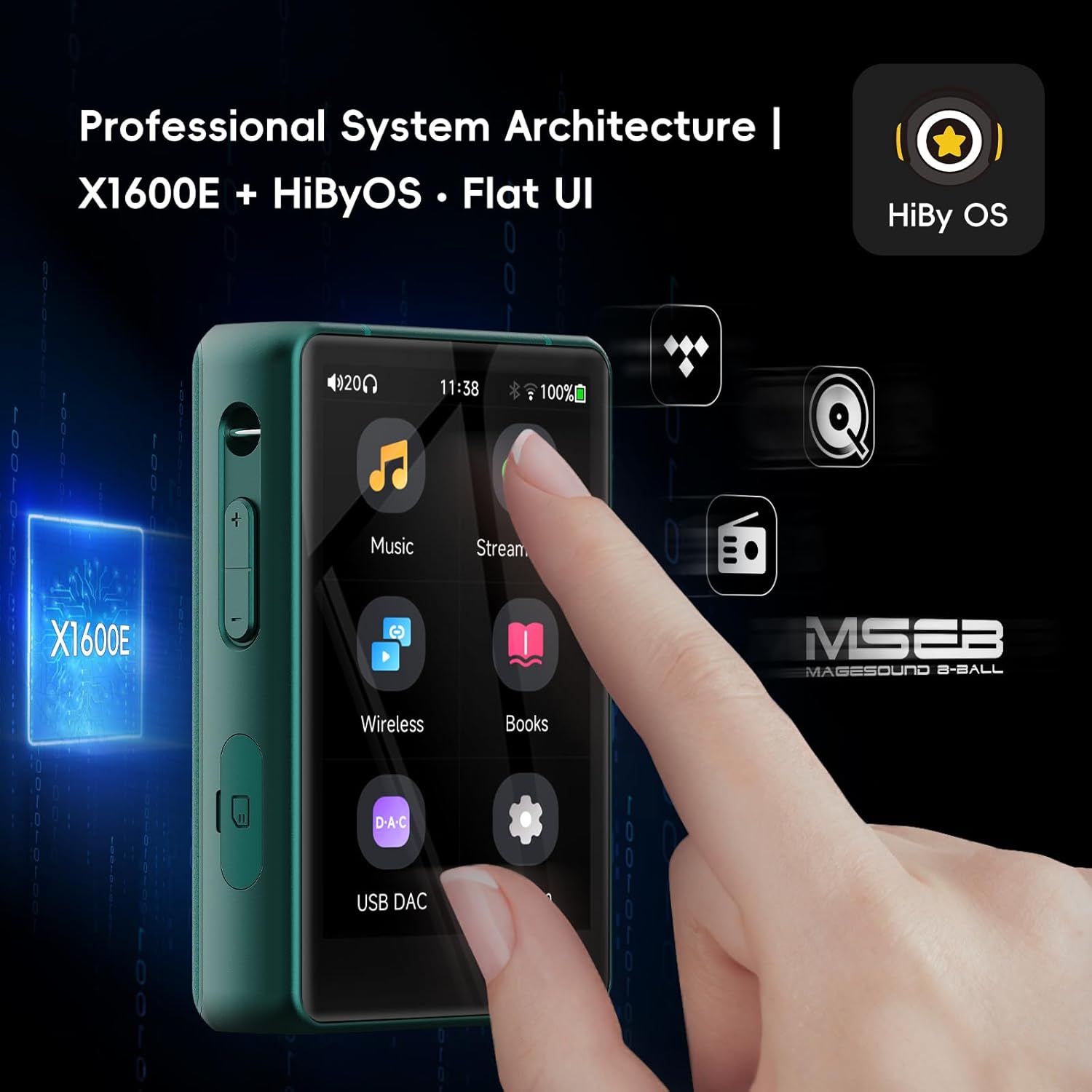 HiBy R3 PRO II screen displaying the HiByOS interface with app icons and an X1600E processor chip