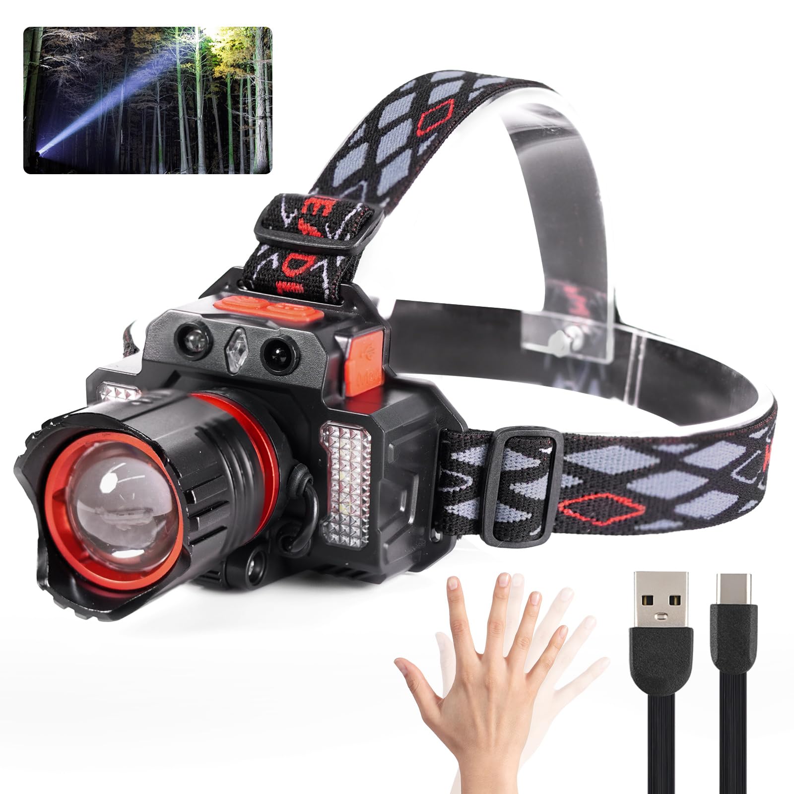 LED Headlamp Rechargeable, 90000 Lumens Super Bright Headlamp with 3+2Modes, Head Lights for Forehead, headlamps for adults with USB Rechargeable Zoom head lamps ,135°Adjustable, IPX6 Waterproof