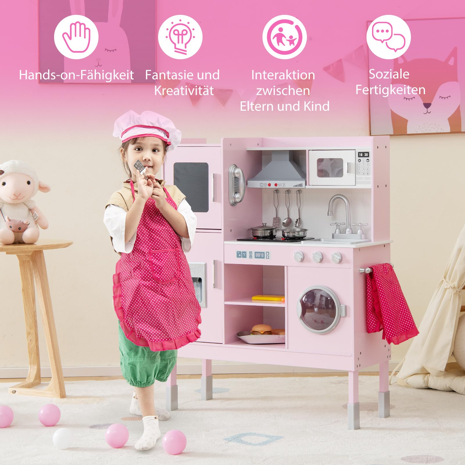 COSTWAY Kinderküche Holz, Spielküche mit Licht und Sound, Holzküche mit Tafel, Mikrowell, Spüle, Ofen & Stauraum, inkl. Zubehör, Spielzeugküche für Kinder ab 3 Jahren (Rosa)