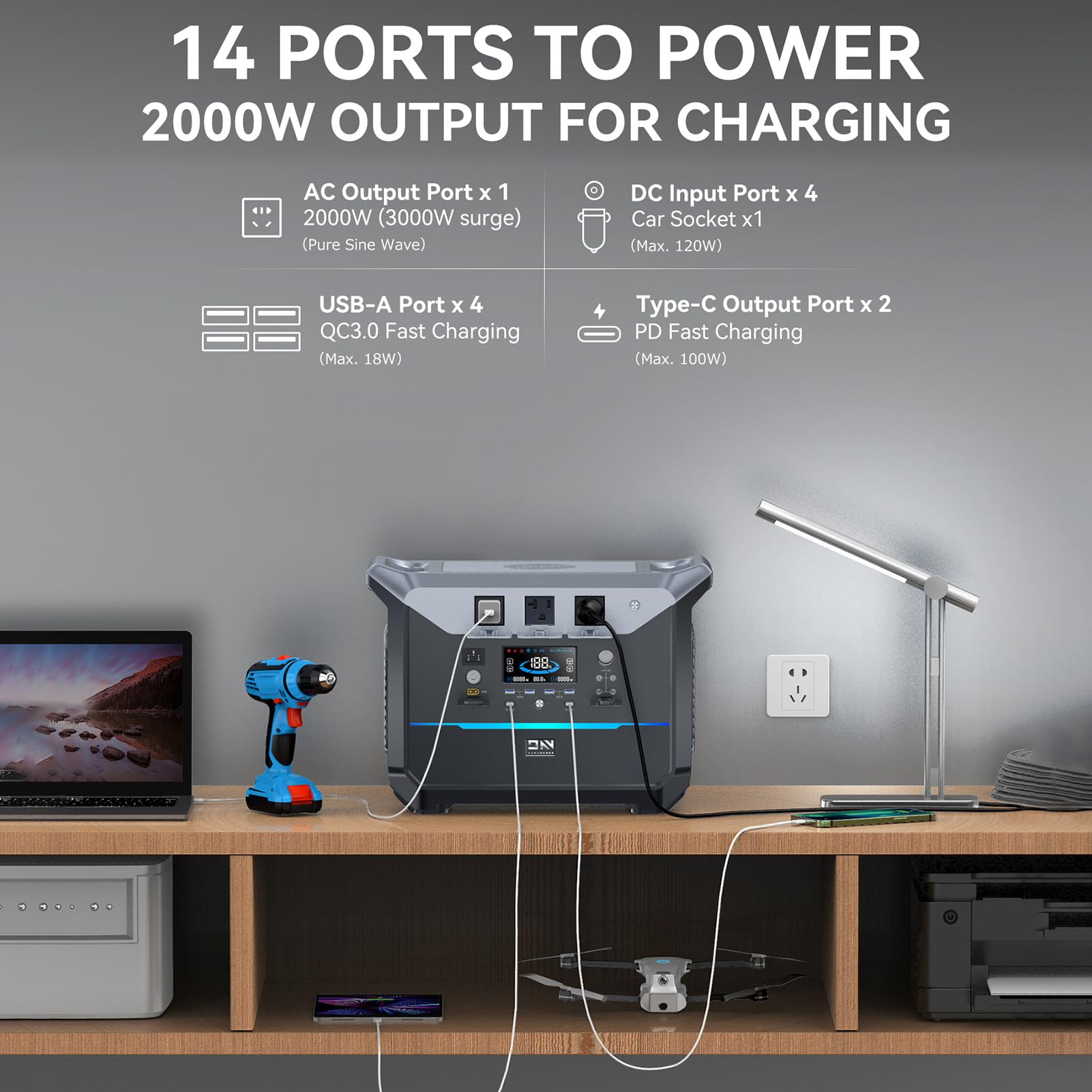 Irishom Centrale Electrique Portable, 2000W 2073.6Wh Capacité Batterie Générateur Solaire Mobile d'urgence, pour Sauvegarde à Domicile/Camping/Extéirieur/RV