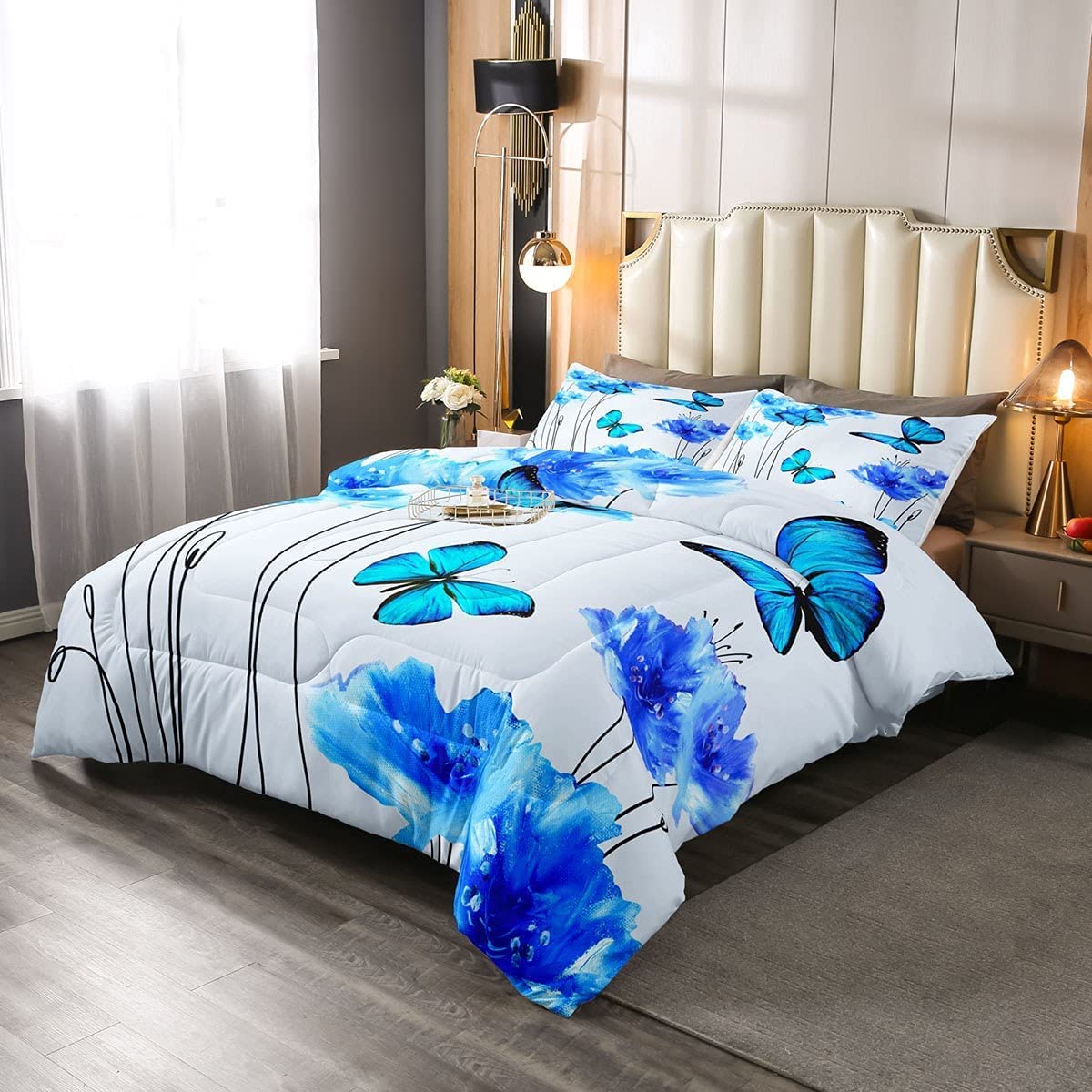 Erosebridal Blue Butterfly Comforter Set King Blue Blossom Floral Bedding Set for Kids Girls Women Bedroom Decor Duvet Set Butterflies Chic Garden Style Quilt Set Spring Romantic White Comforter Set