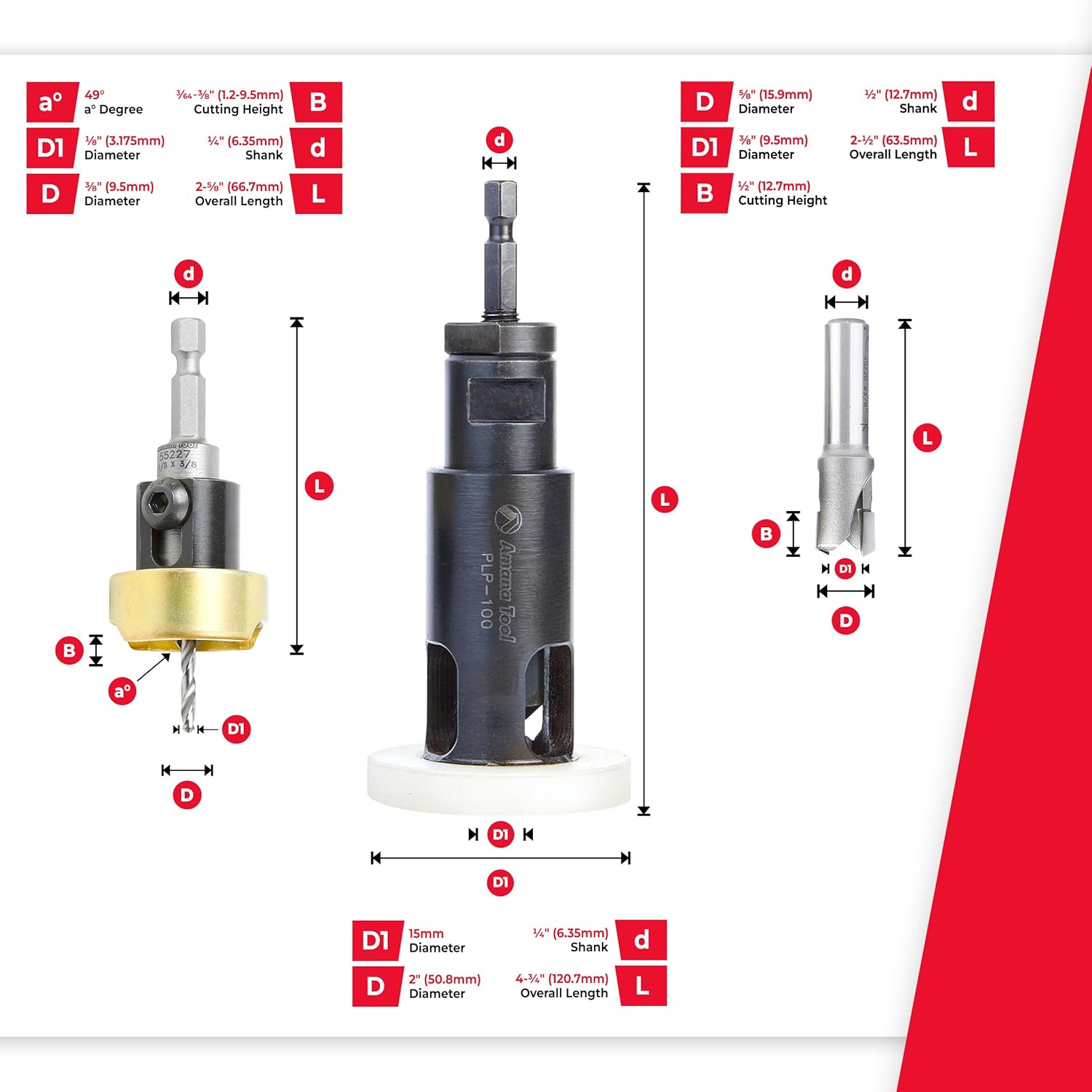 Amana Tool Carbide Tipped Countersink Drill Bit with, Ball Bearing with Plug Planer and Cutter Set, AMS-626, 3-Pc