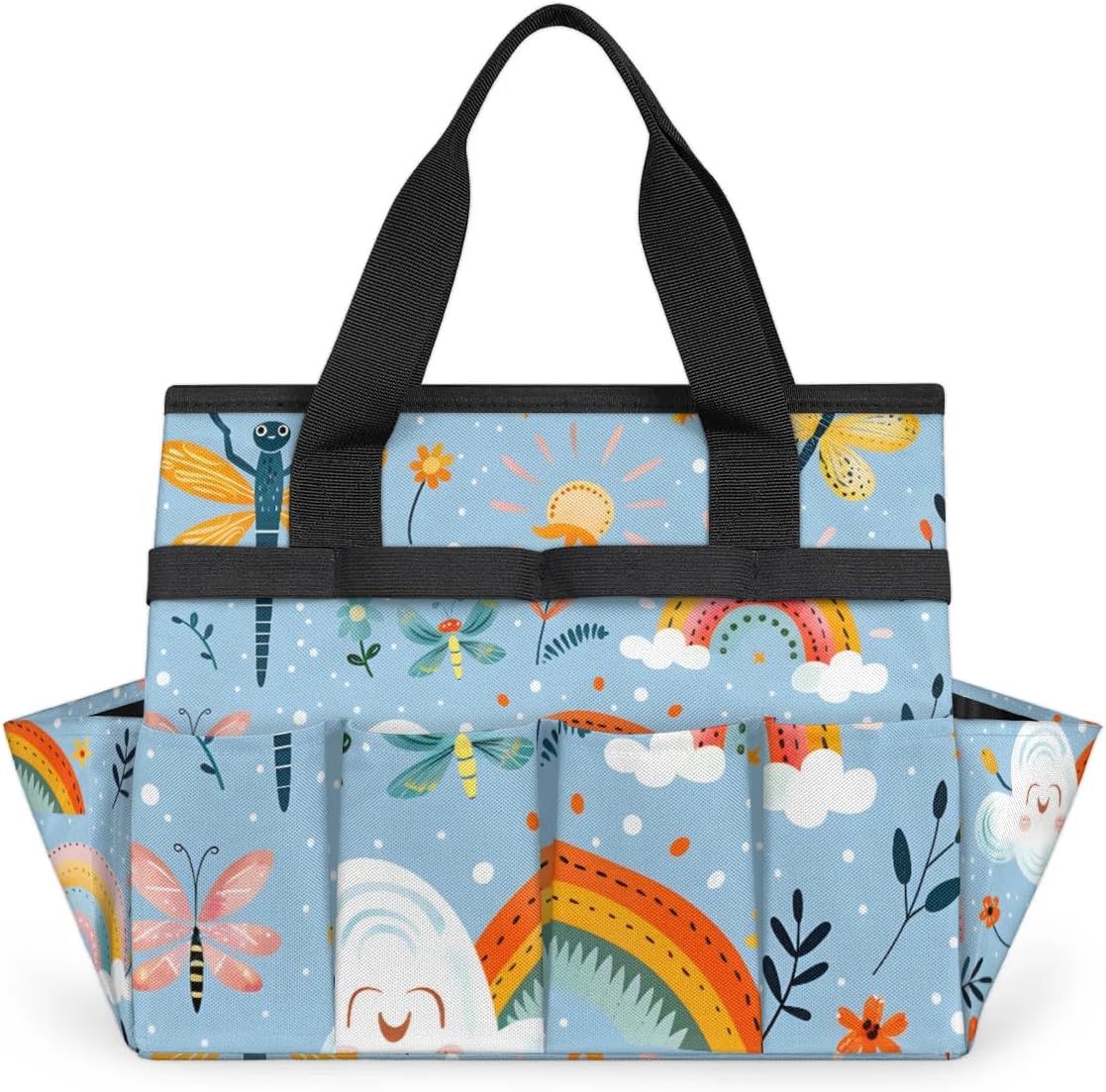 Garden Tool Bag Organizer Garden Tote Bag with Pockets Dragonfly Floral Rainbow Tool Storage Organizer Gardening Tool Kit Holder 13" x 6.8" x 2.8"