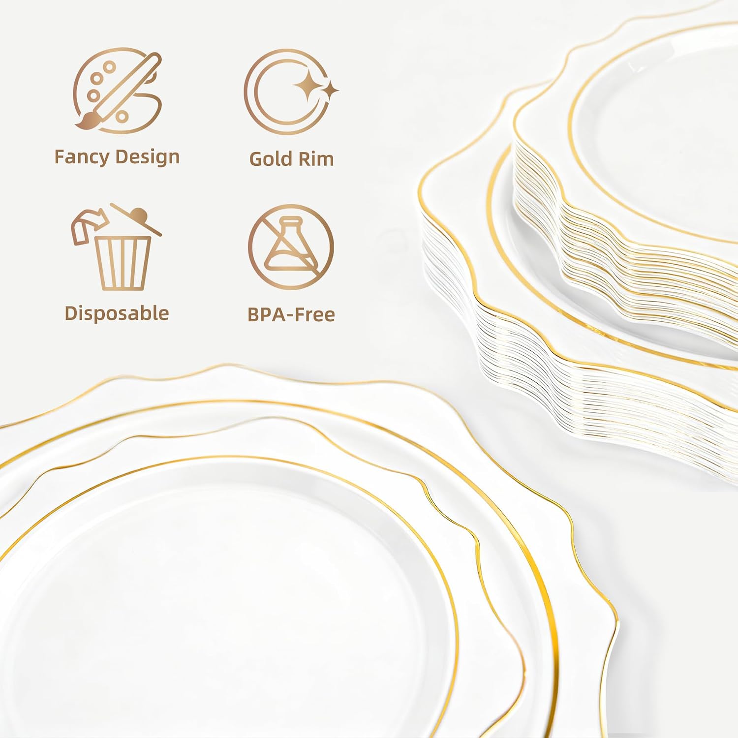60PCS White Plastic Plates with Gold Rim, Disposable Heavy Duty Plastic Plate, Fancy 30 Dinner and 30 Dessert Plates for Party and Wedding