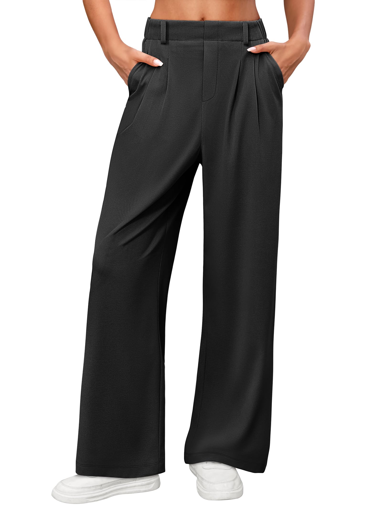 ANRABESS Women Wide Leg Pants Stretchy Work Dress Pants Waffle Knit Business Casual Pull on Palazzo Slacks Trousers
