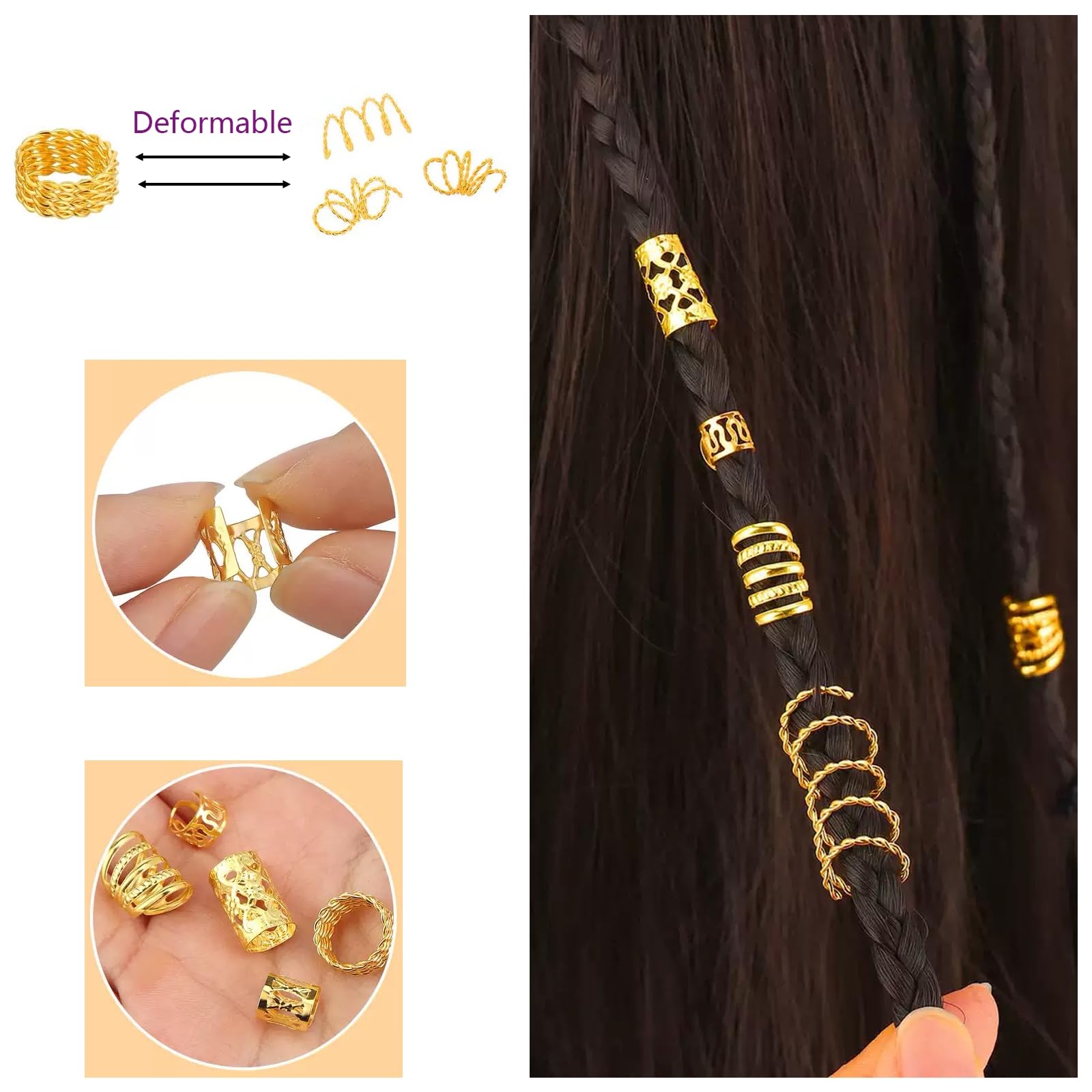 110 piezas de joyas doradas para el cabello para trenzas y rastas, anillos de metal, puños, clips, accesorios decorativos - amarillo dorado 5