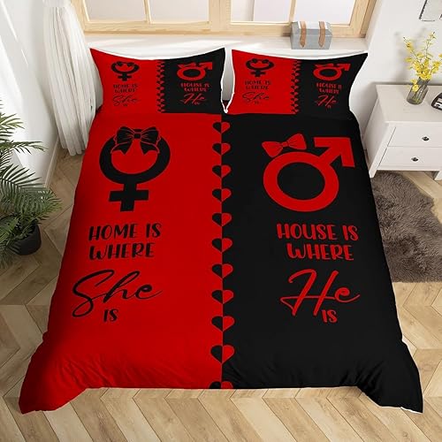 Erosebridal Juego de ropa de cama de matrimonio para parejas, funda de edredón roja y negra, tamaño Queen, funda de edredón con corazones de amor en
