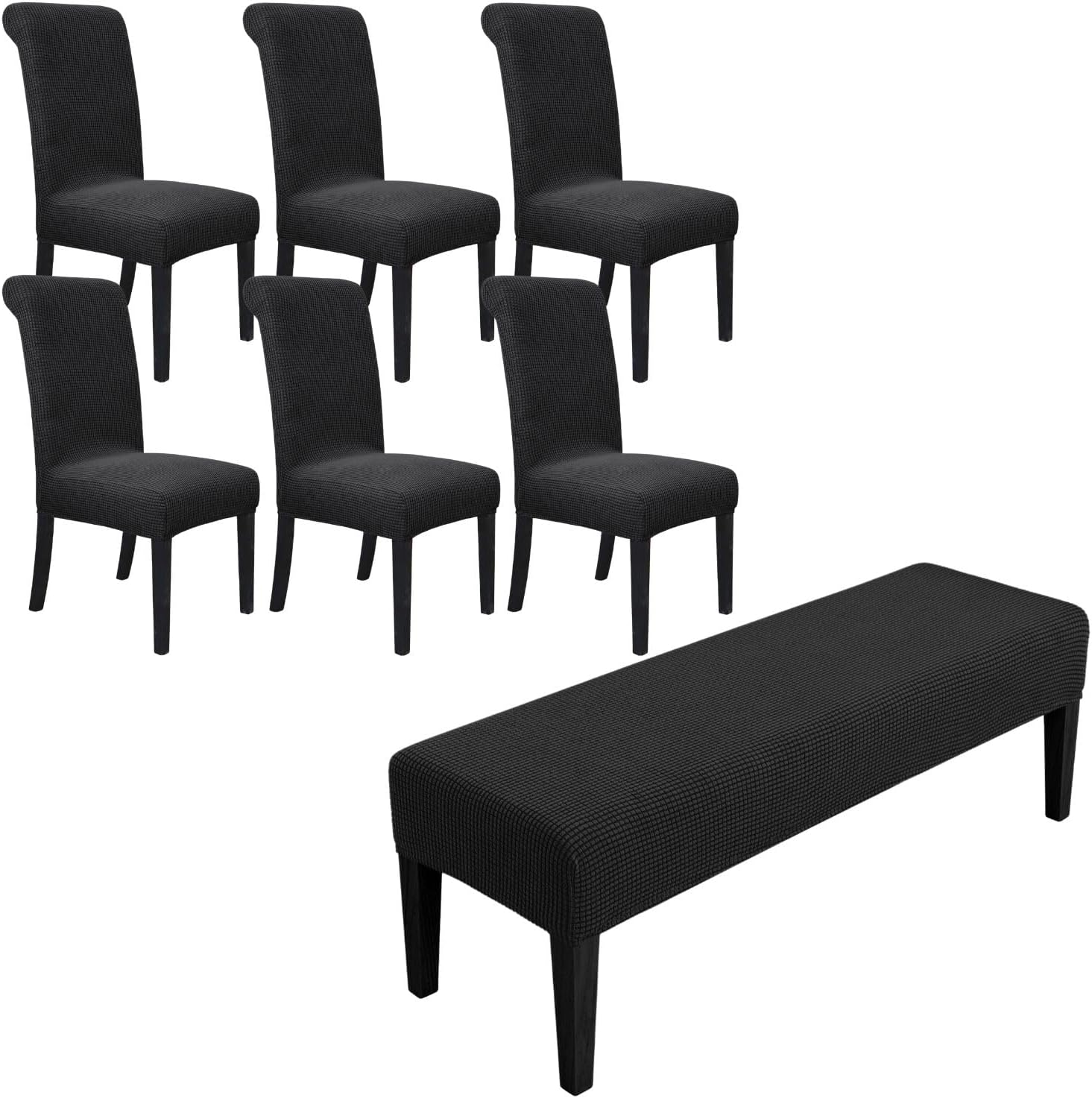 SPRINGRICO Slipcover Bundle Products, Dining Room Chair Covers Set of 6, Dining Bench Cover Stretch, Washable Chair & Bench Slipcovers (S1-Black)