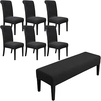 SPRINGRICO Slipcover Bundle Products, Dining Room Chair Covers Set of 6, Dining Bench Cover Stretch, Washable Chair & Bench Slipcovers S1-Black