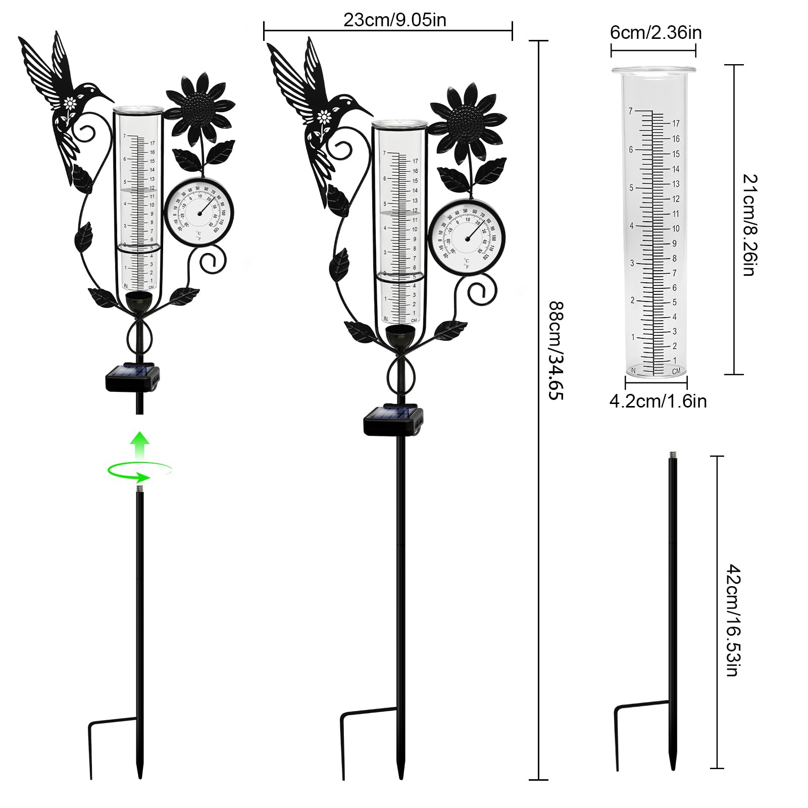 YJFWAL Kolibri-Regenmesser für den Außenbereich, dekorativer Metall-Sonnenblumen-Solar-Regenmesser mit LED-Licht und Thermometer, Gartendekoration für Hof, Rasen, Weg, Bauernhof
