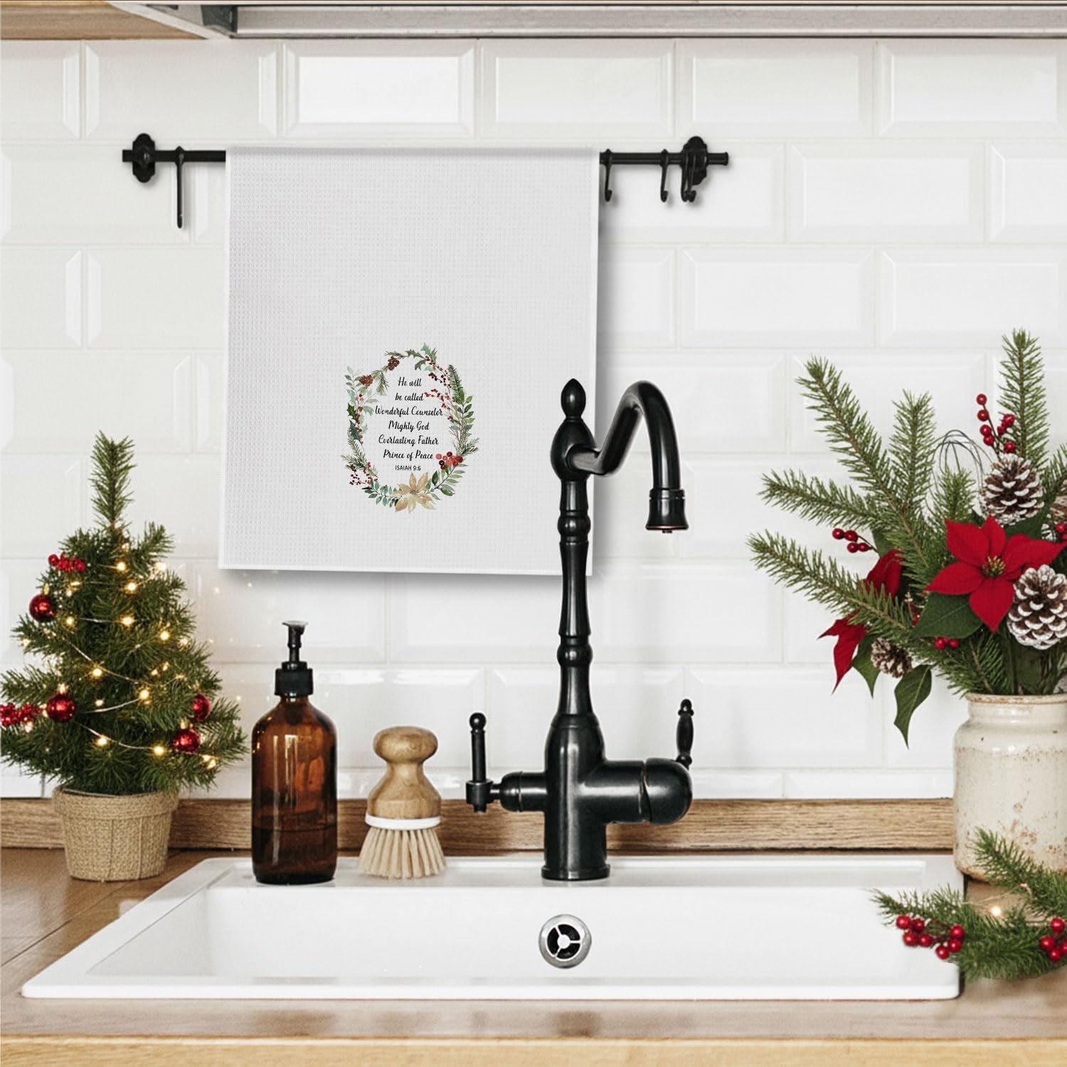 Christmas Christian Kitchen Towels, Holly Wreath Christmas Winter Dish Tea Towels for Kitchen, Isaiah 9:6 Bible Verse Religious Decorative Hand Towel for Bathroom, 16x24 Inch - Image 3