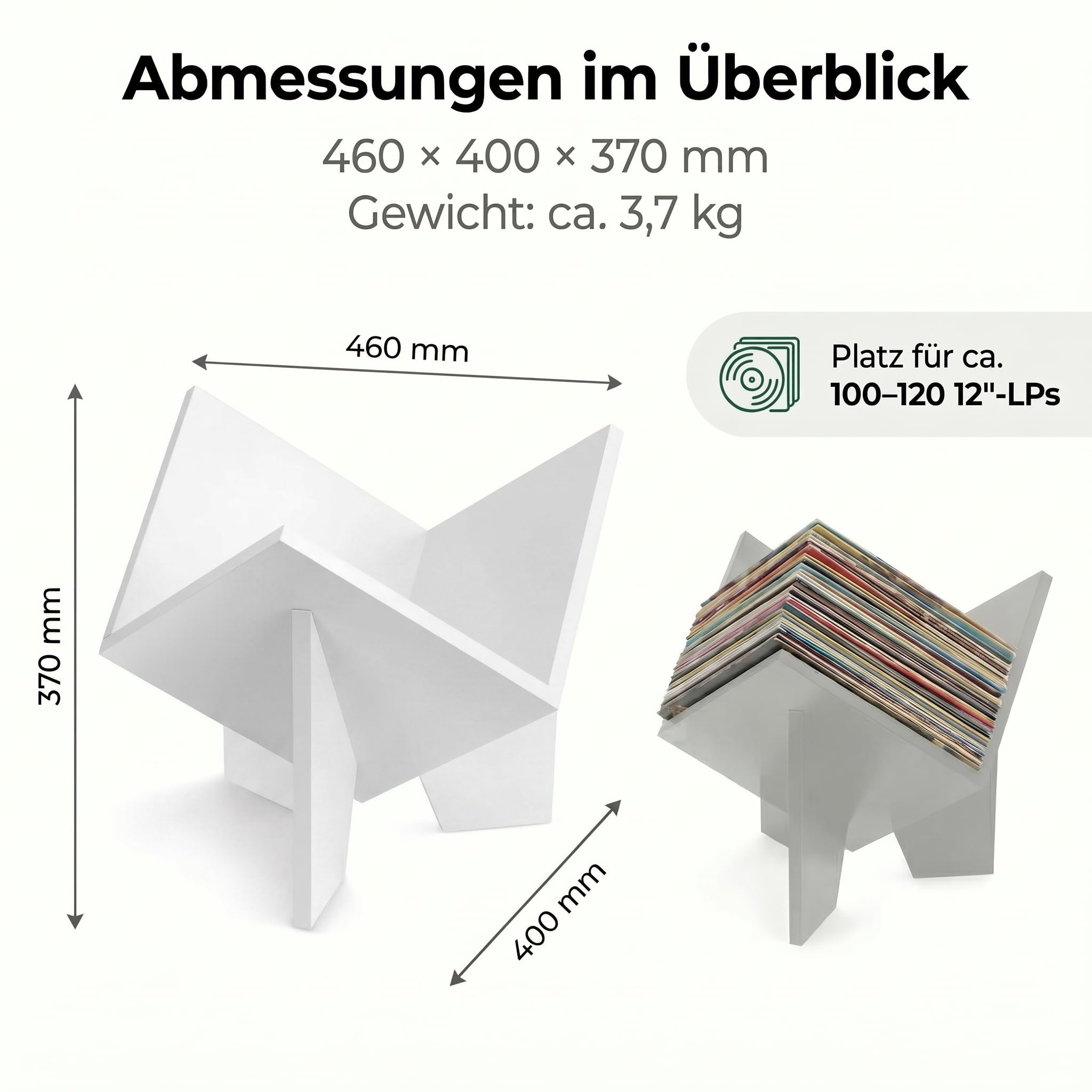 Zomo VS-Box Space Vinyl Aufbewahrung - 460 x 400 x 370 mm - Weiß - MDF Holz - Design Schallplattenständer für 100–120 LPs - Modernes Plattenregal