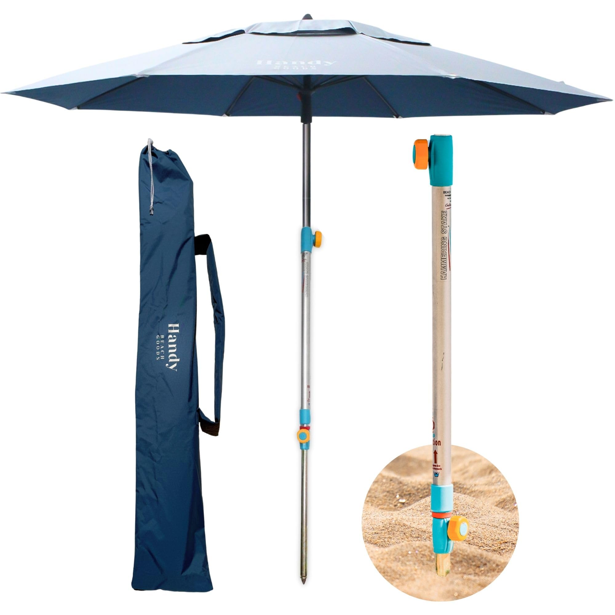 handy beach umbrella & anchor system, large 7ft silver coated upf 55 canopy, 10 second installation, wind resistant, durable, lightweight, comfortable dual pocket bag included