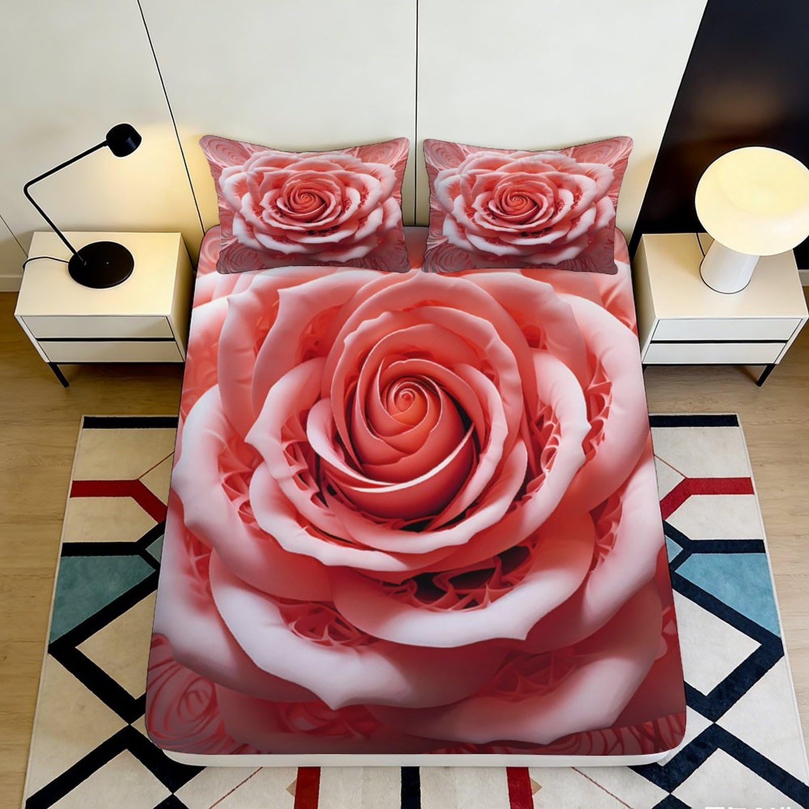 3D Printed rose Fitted Sheet, soft touch Microfiber, wrinkle resistant, Bed Cover for main bedroom, apartment bedding decor, easy care, 160x200x25cm