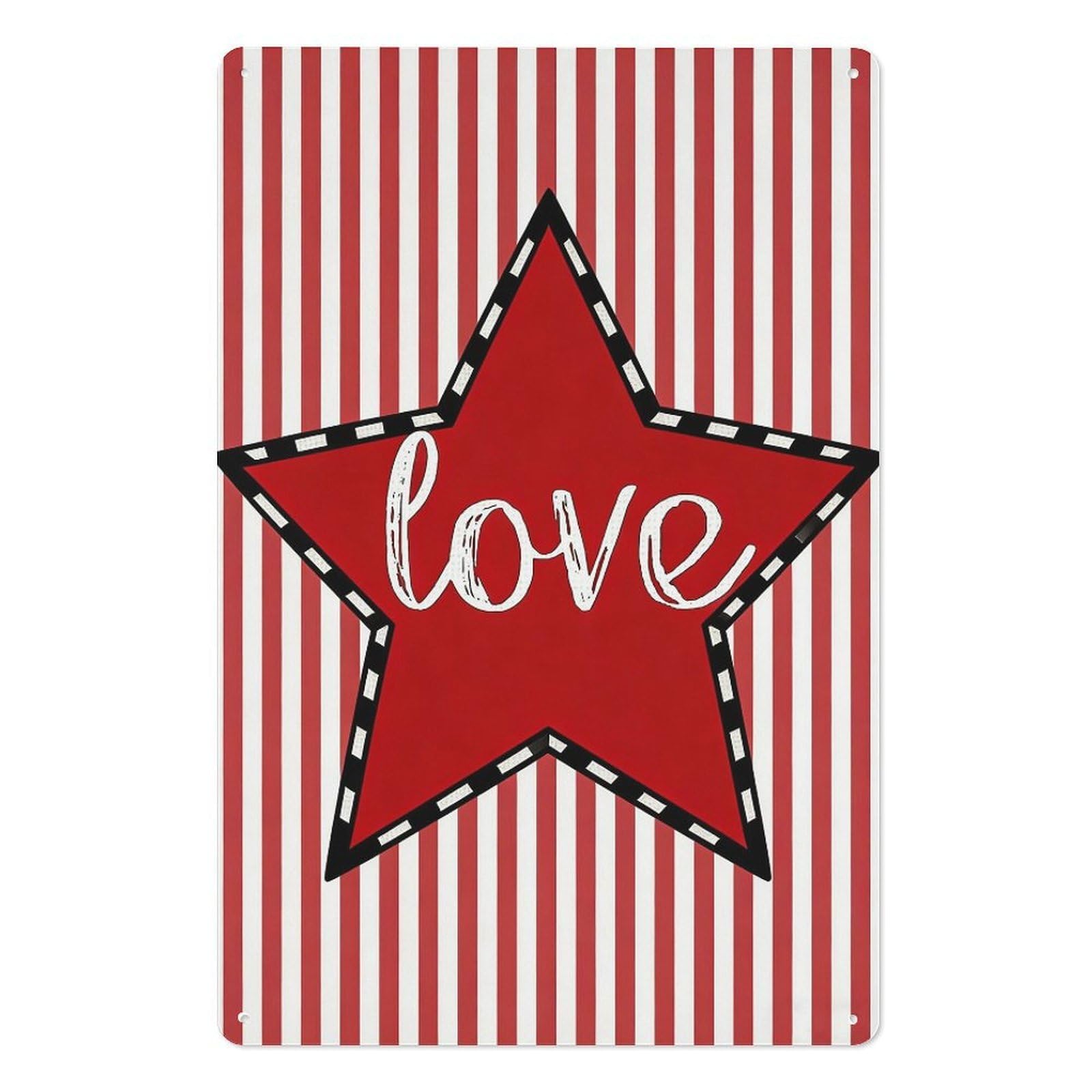 peiyeety Retro Star Love Metal Tin Sign 8x12 Inch – Red Striped Wall Decor Plaque for Valentine Gift Anniversary Romantic Display