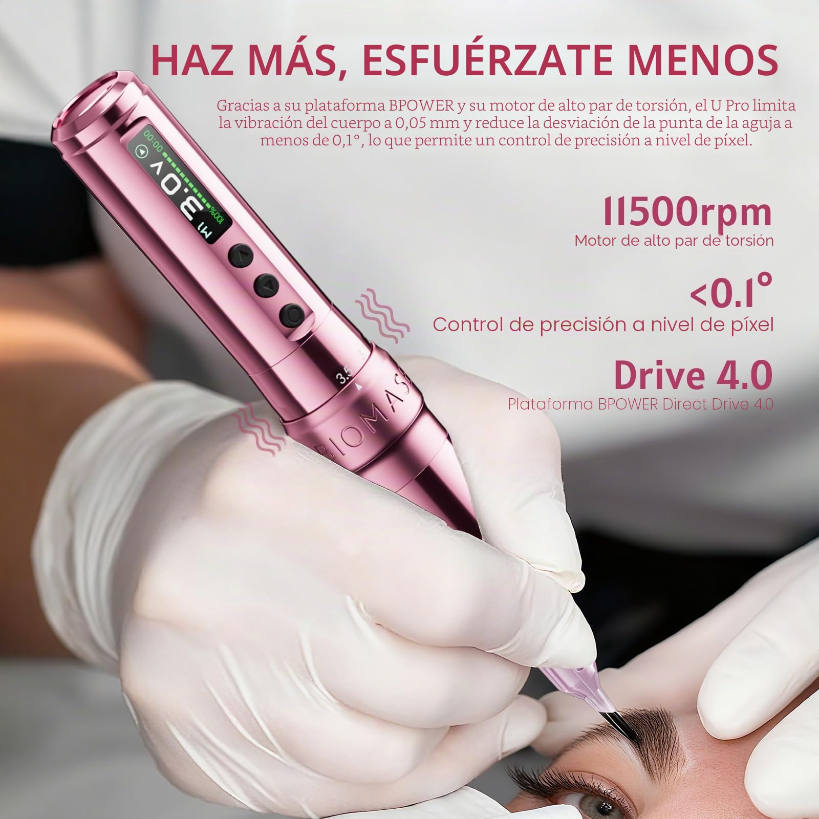 Biomaser U1 Pro - Maquillaje permanente inalámbrico semiinalámbrico, 6 tiempos, ajustable, con 2 pilas de 850 mAh, pantalla OLED para maquillaje semipermanente (Rosa)
