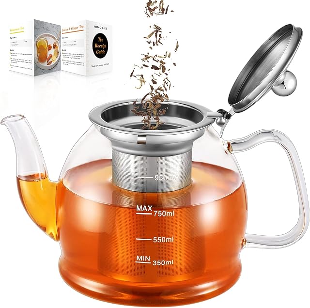 1000 ml Glass Teapot, Glass Teapot with Infuser, TeaPot for Blooming Tea, Loose Tea, Flowering Tea Pot, Scale line Borosilicate Glass Teapot Tea Brewer Guide, Teapot for 3-5 Cups