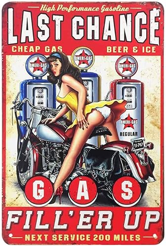 AOYEGO Letrero de hojalata Pin Up, con texto en inglés "Cool Women On Motorcycle Gas Fill'Er Up", letreros de metal vintage para cafeterías, bares,