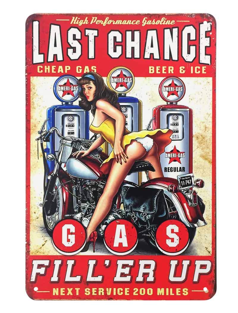 AOYEGO Pin Up Tin Sign,Cool Women On Motorcycle Gas Fill'Er Up Station Vintage Metal Tin Signs for Cafes Bars Pubs Shop Wall Decorative Funny Retro Signs for Men Women 8x12 Inch
