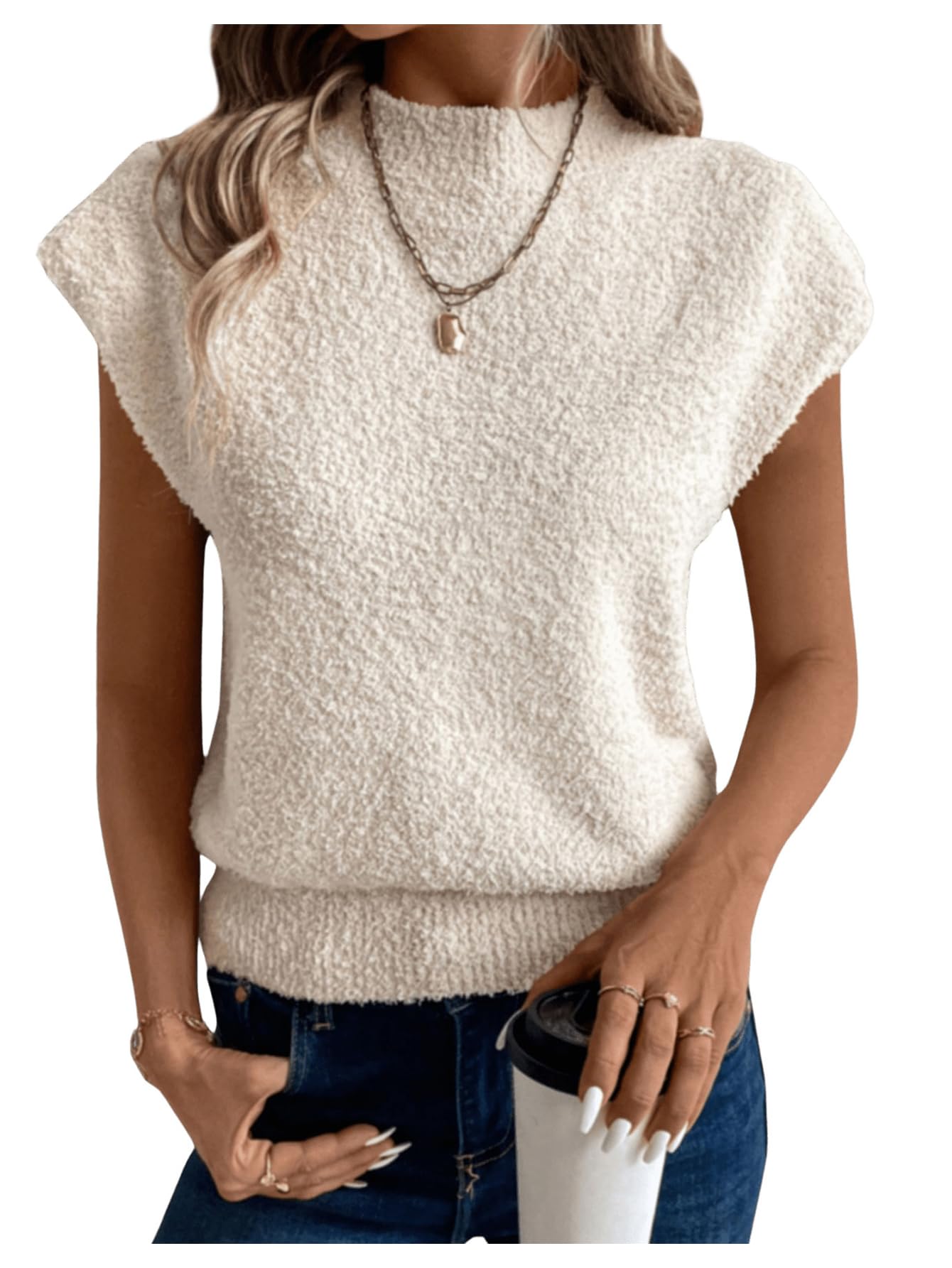 SHENHE Womens Fuzzy Sweater Vest Mock Neck Cap Sleeve Knit Pullover Tank Top