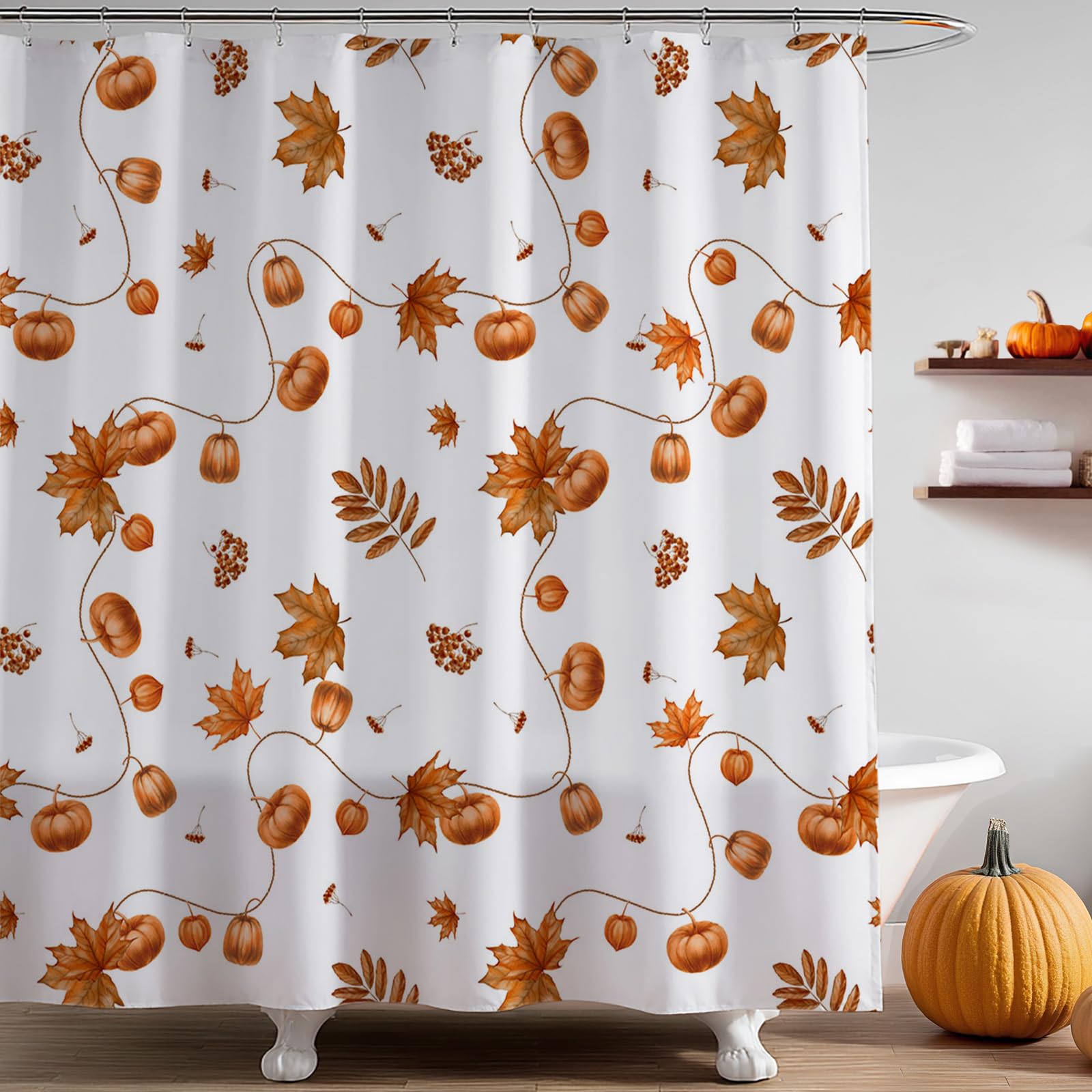 Mocsicka Herbst-Duschvorhang Mit Kürbissen & Blättern – 180x180 Cm, Wasserdicht, Inkl. 12 Haken, Für Badezimmer-Deko
