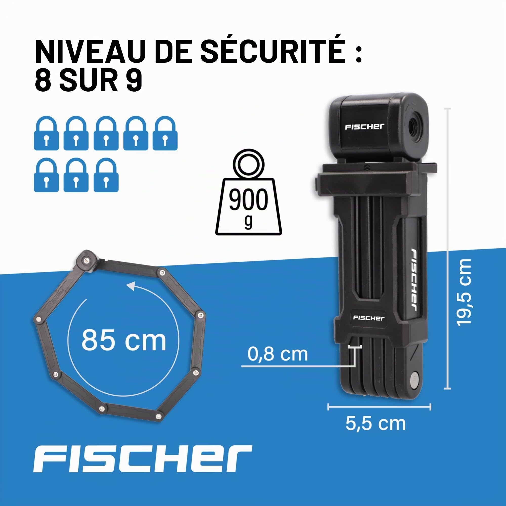 Fischer Antivol Pliable pour Vélo, Noir, Clé, Verrou, Securing bicycles