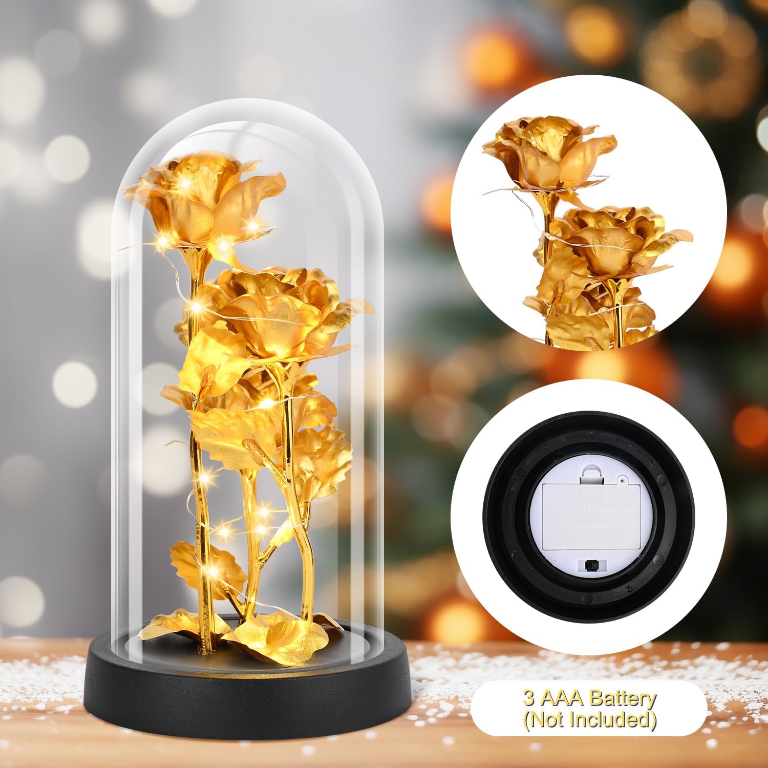 Glass Rose Flower for Women, Birthday Gifts for Women,Rose Flower Gifts for Mom, Red Light Up Rose in A Glass Dome,Rose Gifts for Mom Her Christmas, Anniversary, Wedding, Valentines (Gold)