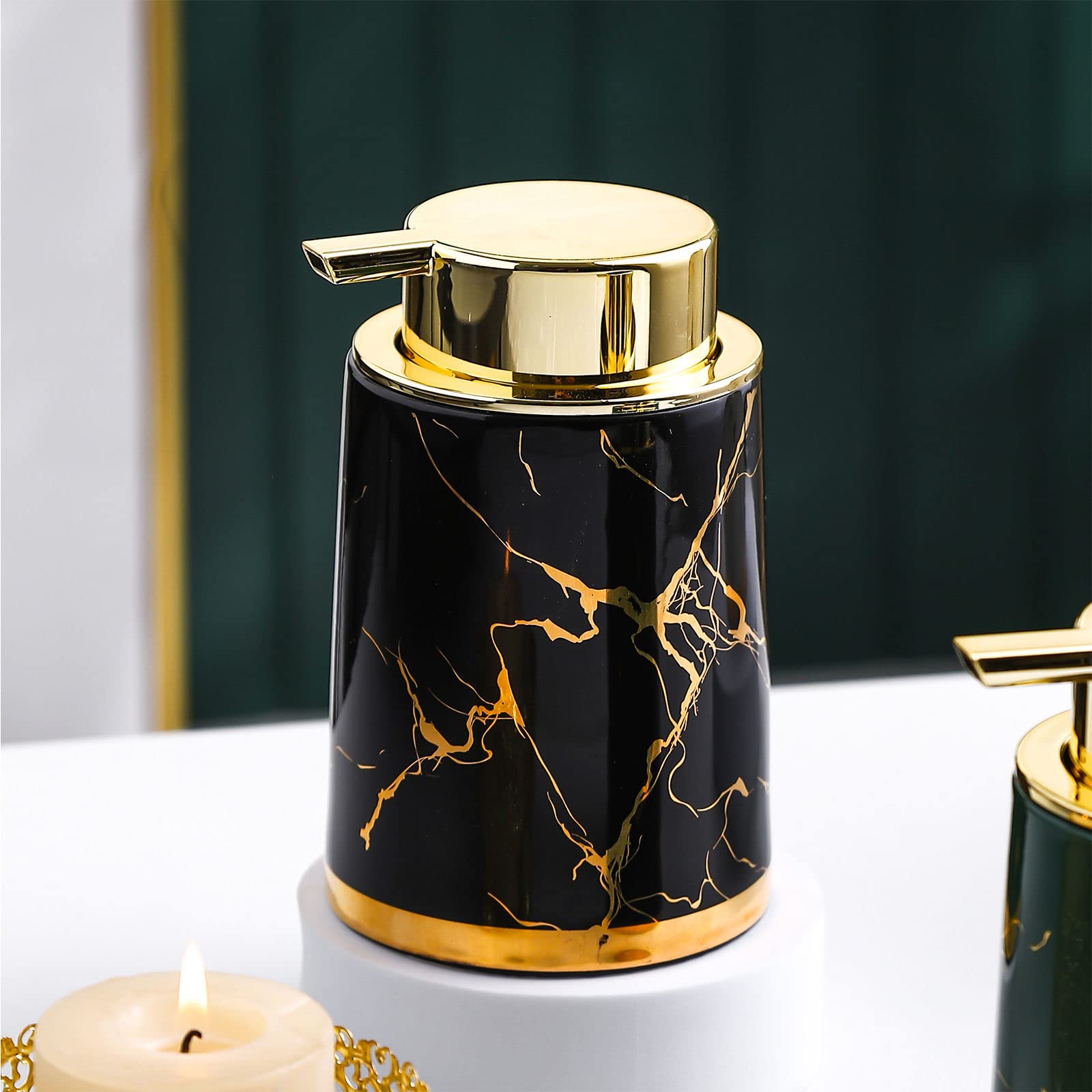 Marmor-Keramik-Seifenspender mit goldener Pumpe, 400 ml, for Küche, Badezimmer, Schwarz | Black