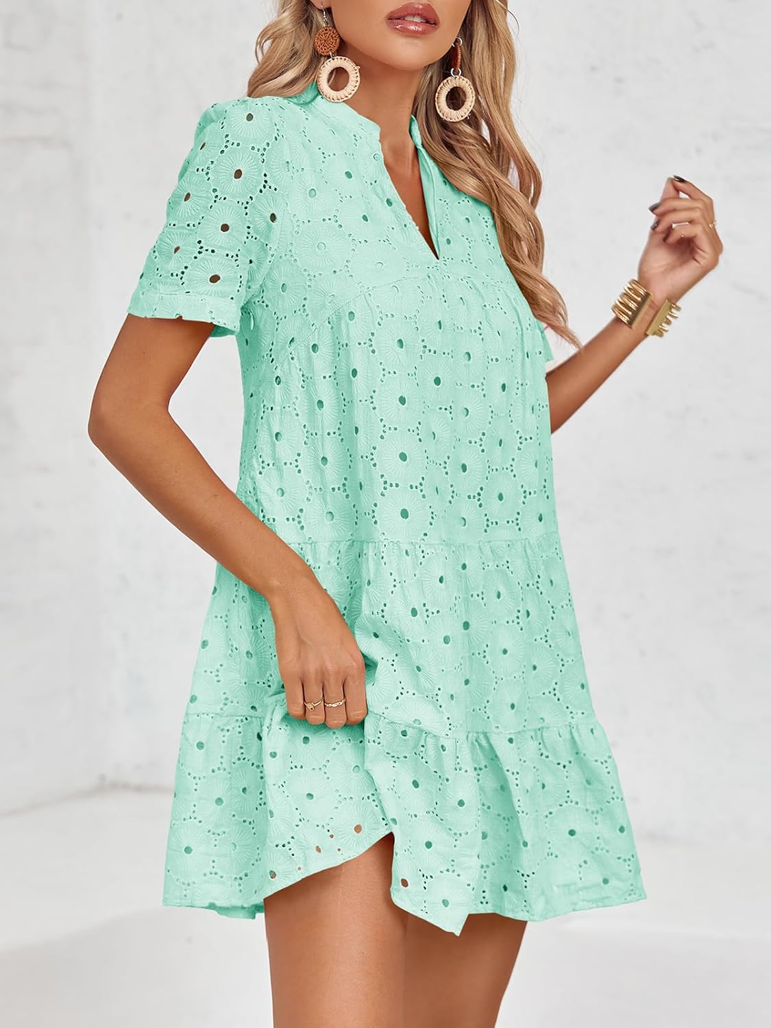 Imily Bela Womens Summer Lace Dresses Eyelet Casual Flowy Babydoll Swing Short Sleeve V Neck Tunic Dress