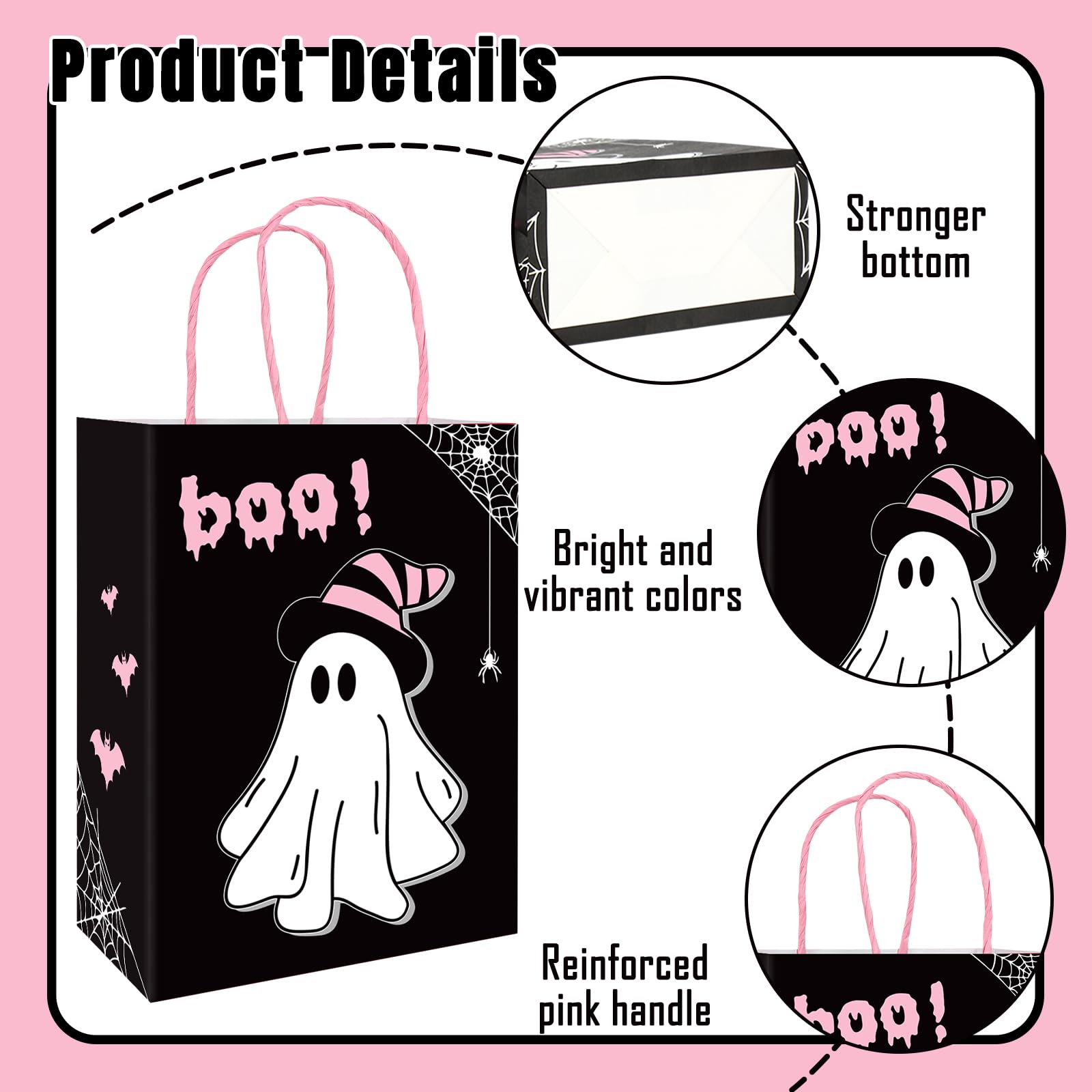 JarThenaAMCS Lot De 24 Sacs Cadeaux D'Halloween En Papier Avec Poignées - Noir Et Rose - Imprimé Fantôme Chauve-souris - Sacs à Bonbons Pour Fête D'anniversaire