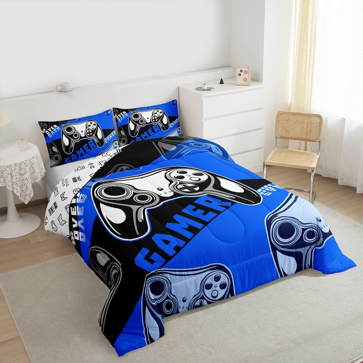 Erosebridal Gamer Comforter Sets for Boys Black and Blue Gaming Twin Size Bedding Set Kids Video Game Bed Comforter Set Teens Gamepad Quilt Set All Season, 1 Comforter with 1 Pillowcase