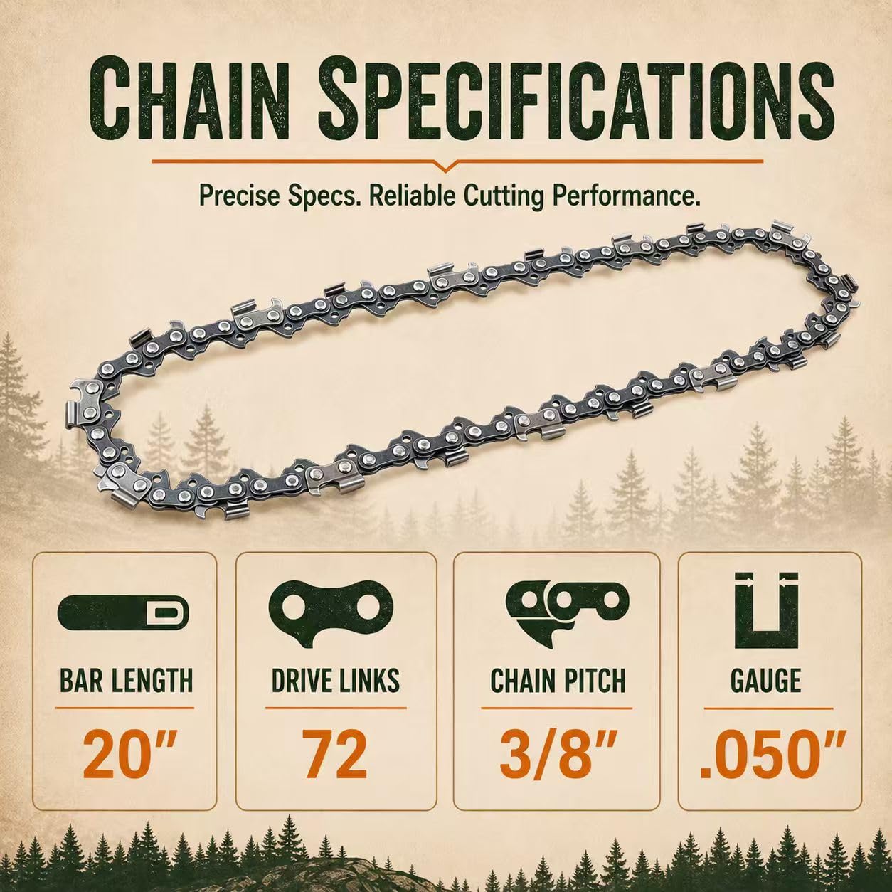 Paquete de 3 cadenas de motosierra de 20 pulgadas, 72 eslabones de transmisión, paso de 3/8 pulgadas, calibre de 0.050 pulgadas, compatible con Husqvarna 455, Poulan PR5020, Stihl MS 260