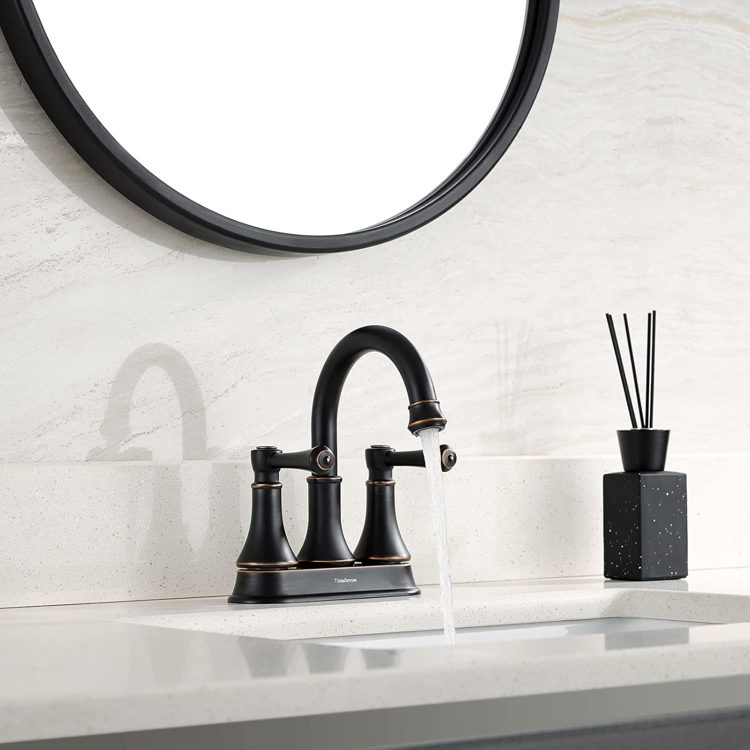 Oil Rubbed Bronze 2 Handle Centerset Bathroom Sink Faucet with Pop up Drain, High Arc Modern 4 Inch Bathroom Vanity Lavatory Faucet for 3 Holes with Brass 360° Swivel Spout, TAF067Y-ORB