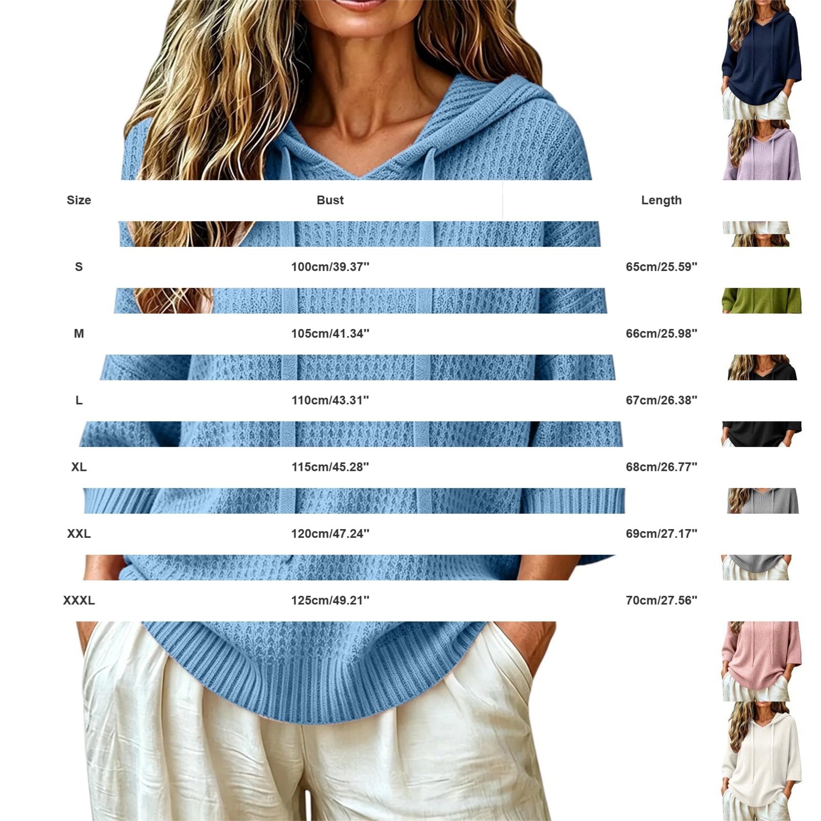 Pullover con Capucha Tejido Waffle Mujer,Cordón Mangas Tres Cuartos,Bolsillo Frontal | Look Relajado Primavera Otoño Informal | Ligero,Suave Y Holgado para Vestir